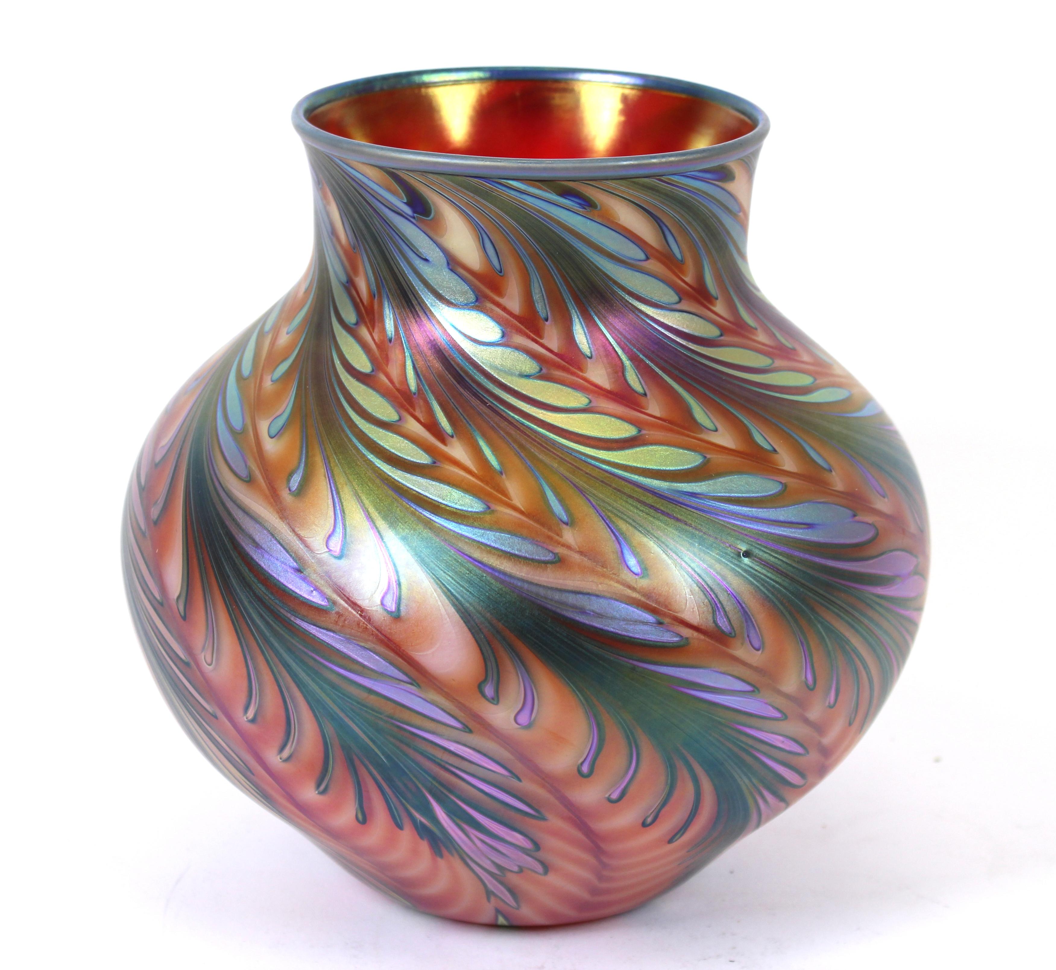 Charles Lotton modern art glass vase in iridescent colors, signed 'Charles Lotton 1994' on the base.