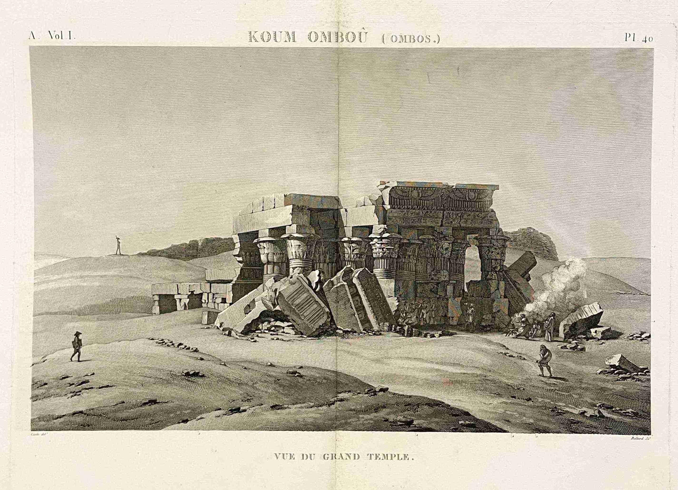 Incisione su carta di Charles Louis Balzac, "DESCRIPTION DE L'EGYPTE". Koum Omboû (Ombos) Vue du Grand Temple". (ANTIQUITES, volume I, planche 40).  Dimensioni dell'opera d'arte:  21" x 28".  Archiviato con un formato di 24" x 30".

Incisione