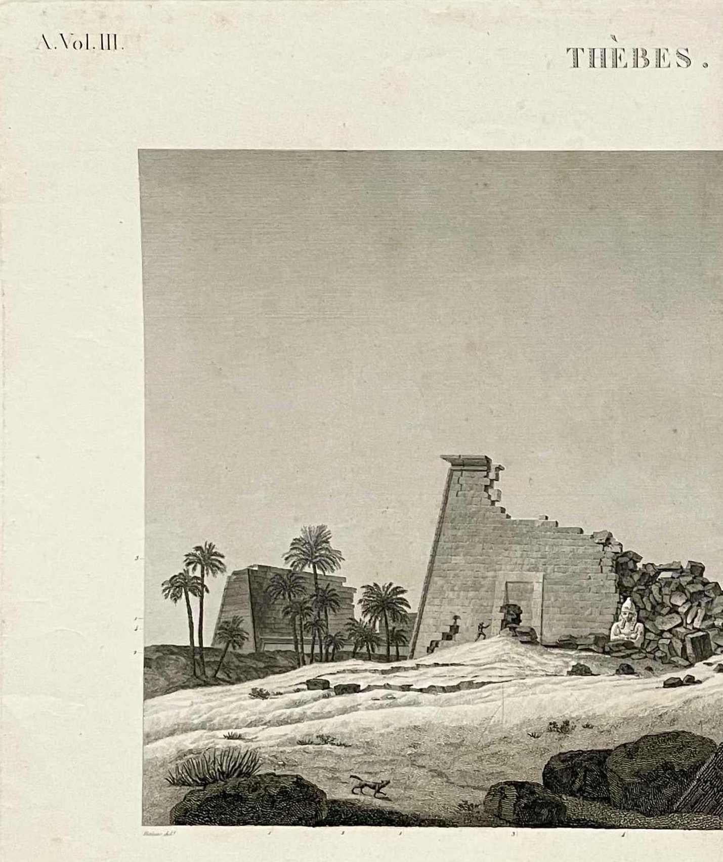 DESCRIPTION DE L'EGYPTE. Thèbes. Karnak. Blick auf die Propyläen von Süden aus – Print von Charles Louis Balzac