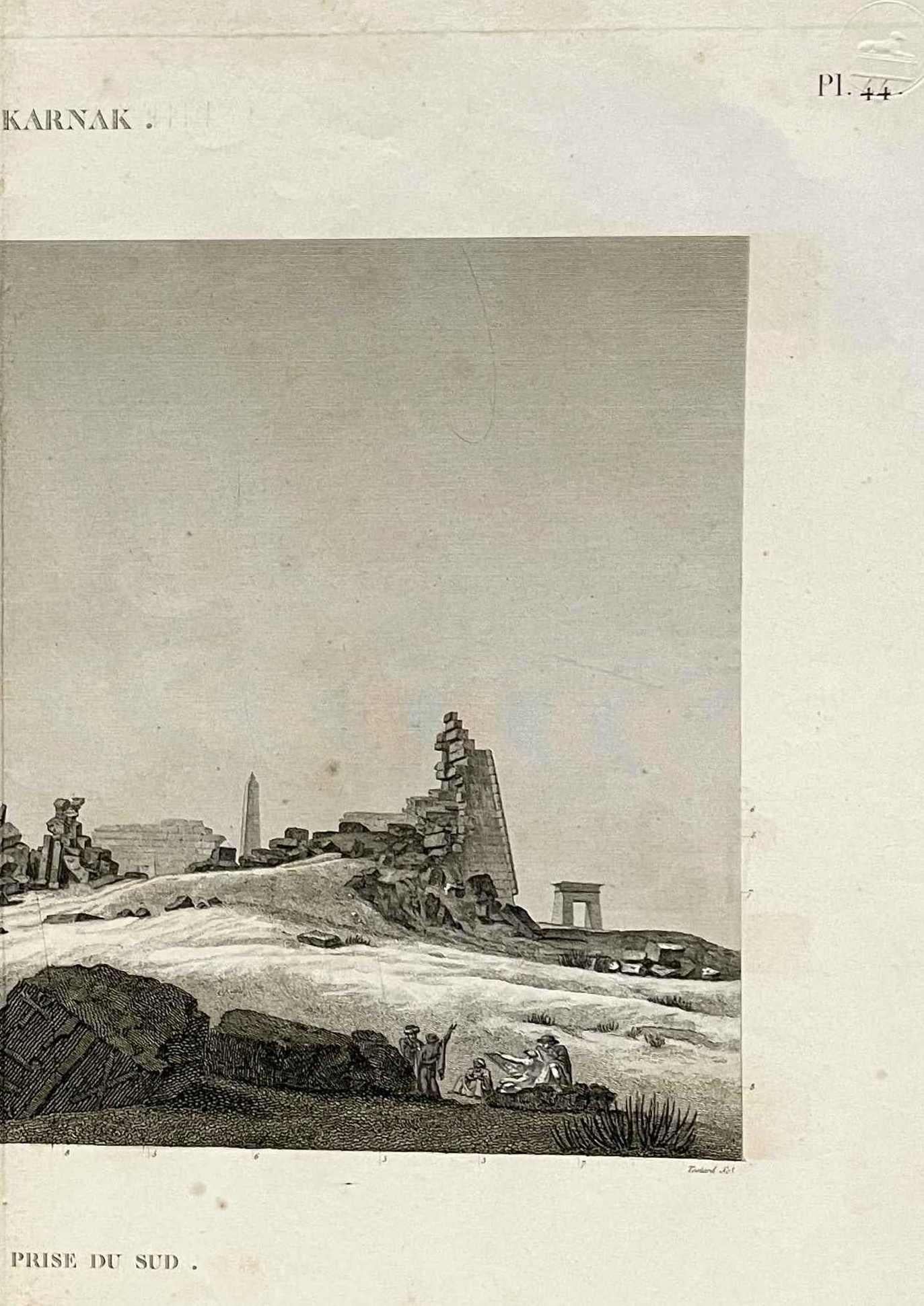 An engraving on paper by Charles Louis Balzac, DESCRIPTION DE L'EGYPTE. Thèbes. Karnak. Vue des propylées prise du sud. (ANTIQUITES, volume III, planche 44).  Archivally matted to 24