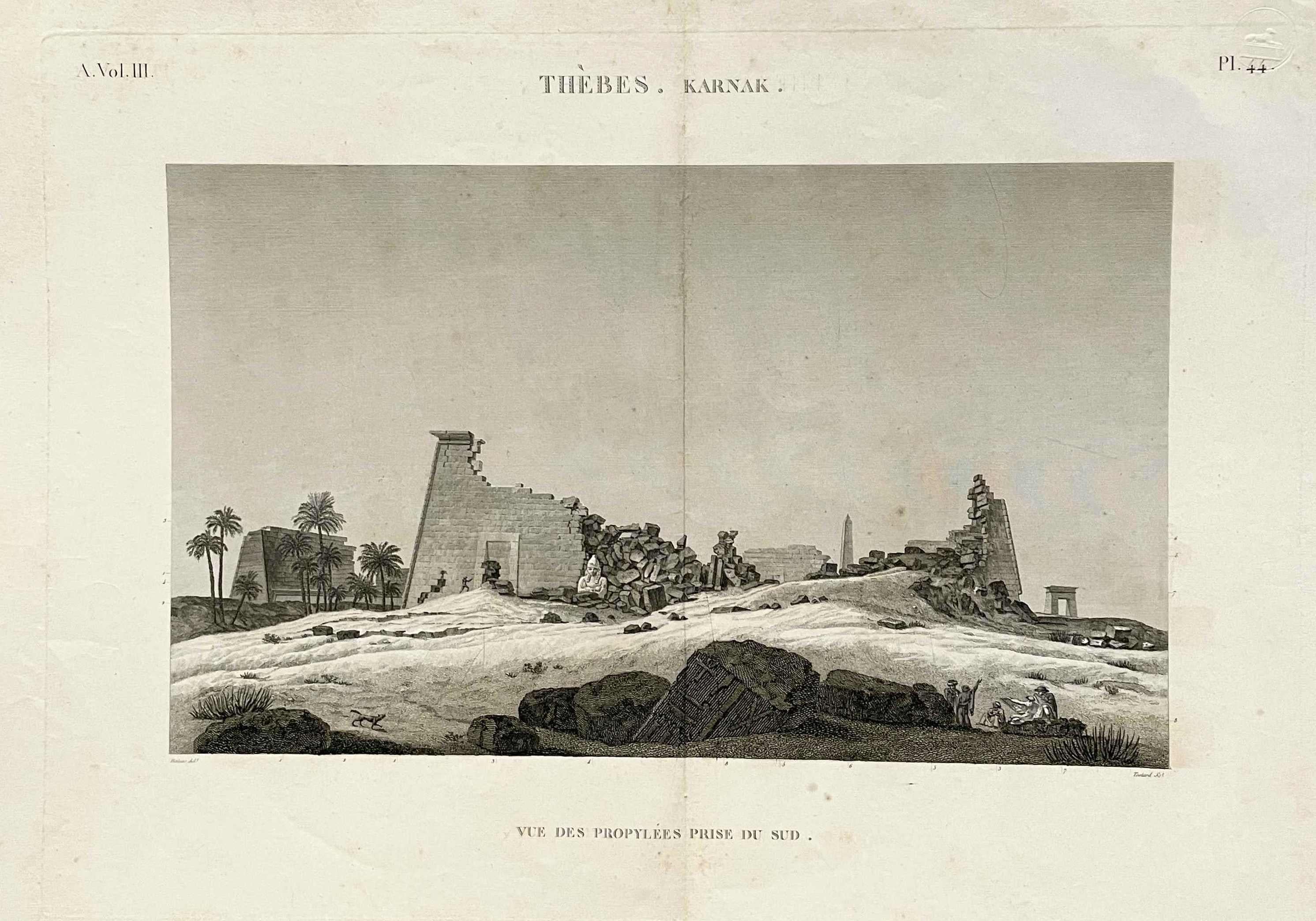 Charles Louis Balzac Landscape Print – DESCRIPTION DE L'EGYPTE. Thèbes. Karnak. Blick auf die Propyläen von Süden aus