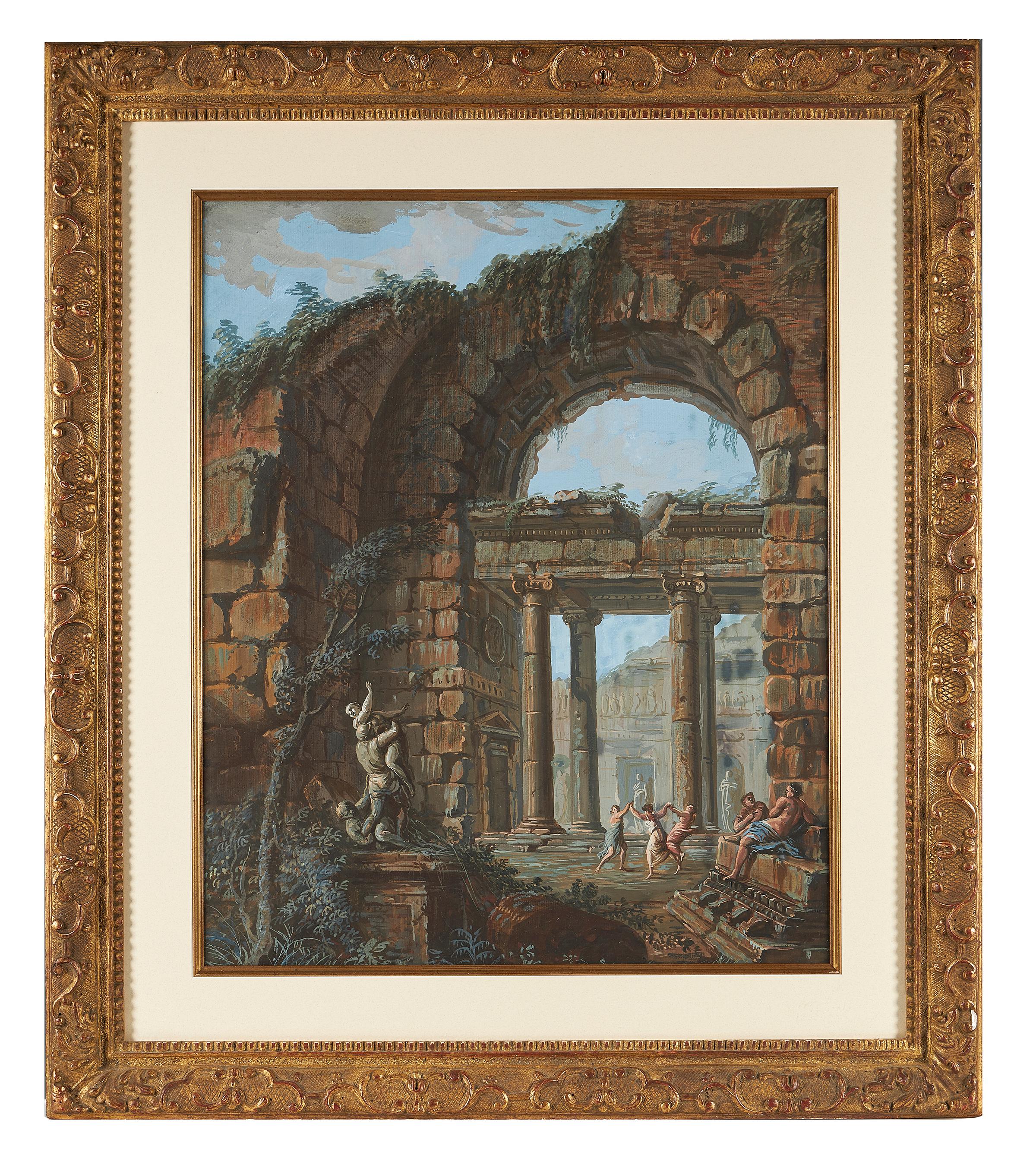 Charles-Louis Clerisseau (French, 1721-1820), a depiction of figures dancing amongst Classical ruins, gouache on paper, unsigned, framed. 

Being of the late 18th century, circa 1770-1790, this work is representative of Clerisseu's approach to the