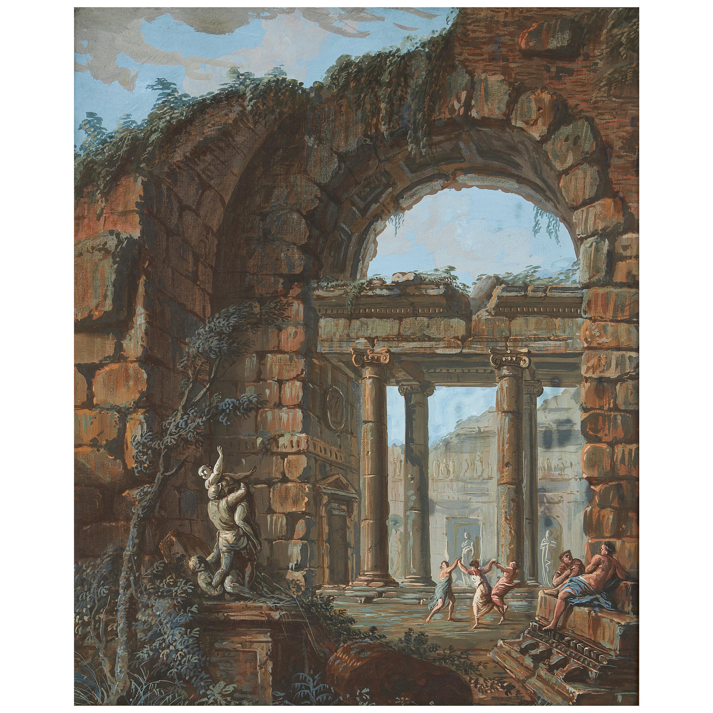Charles-Louis Clerisseau 18th Century Gouache Of A Dance Amongst Classical Ruins