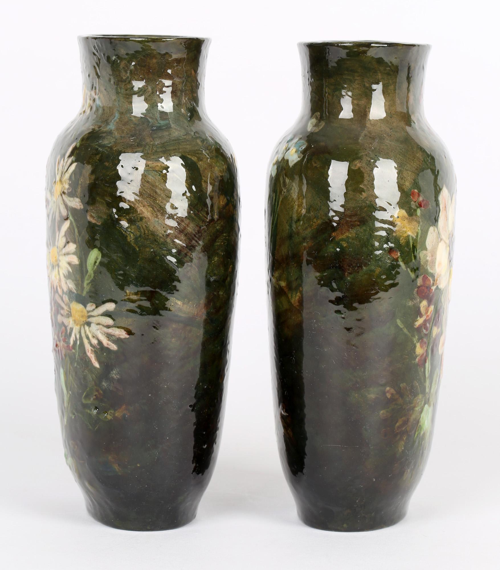 Charles Louis Eugène Virion Montigny Sur Loing Pair Floral Pottery Vases 3