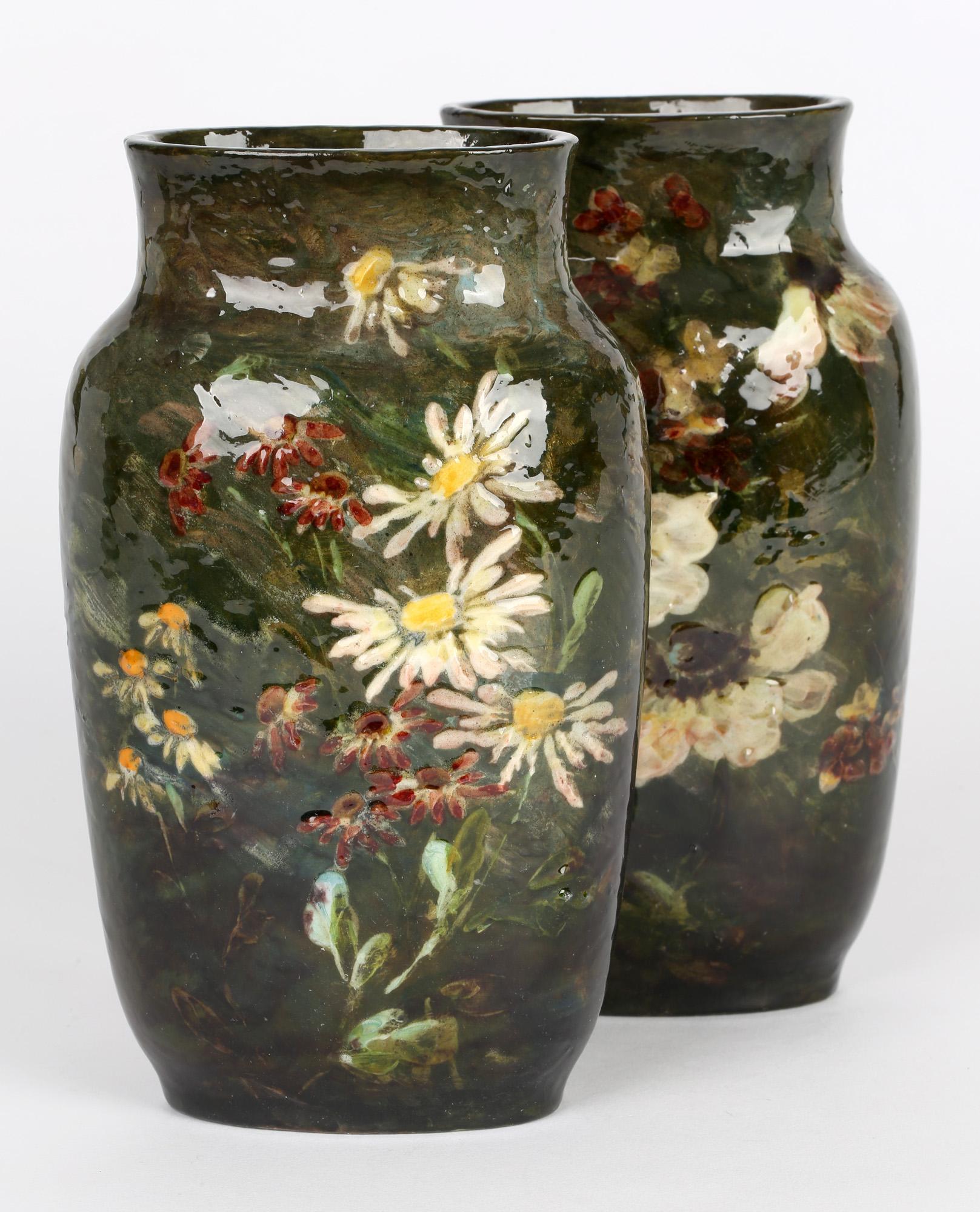 Charles Louis Eugène Virion Montigny Sur Loing Pair Floral Pottery Vases 5