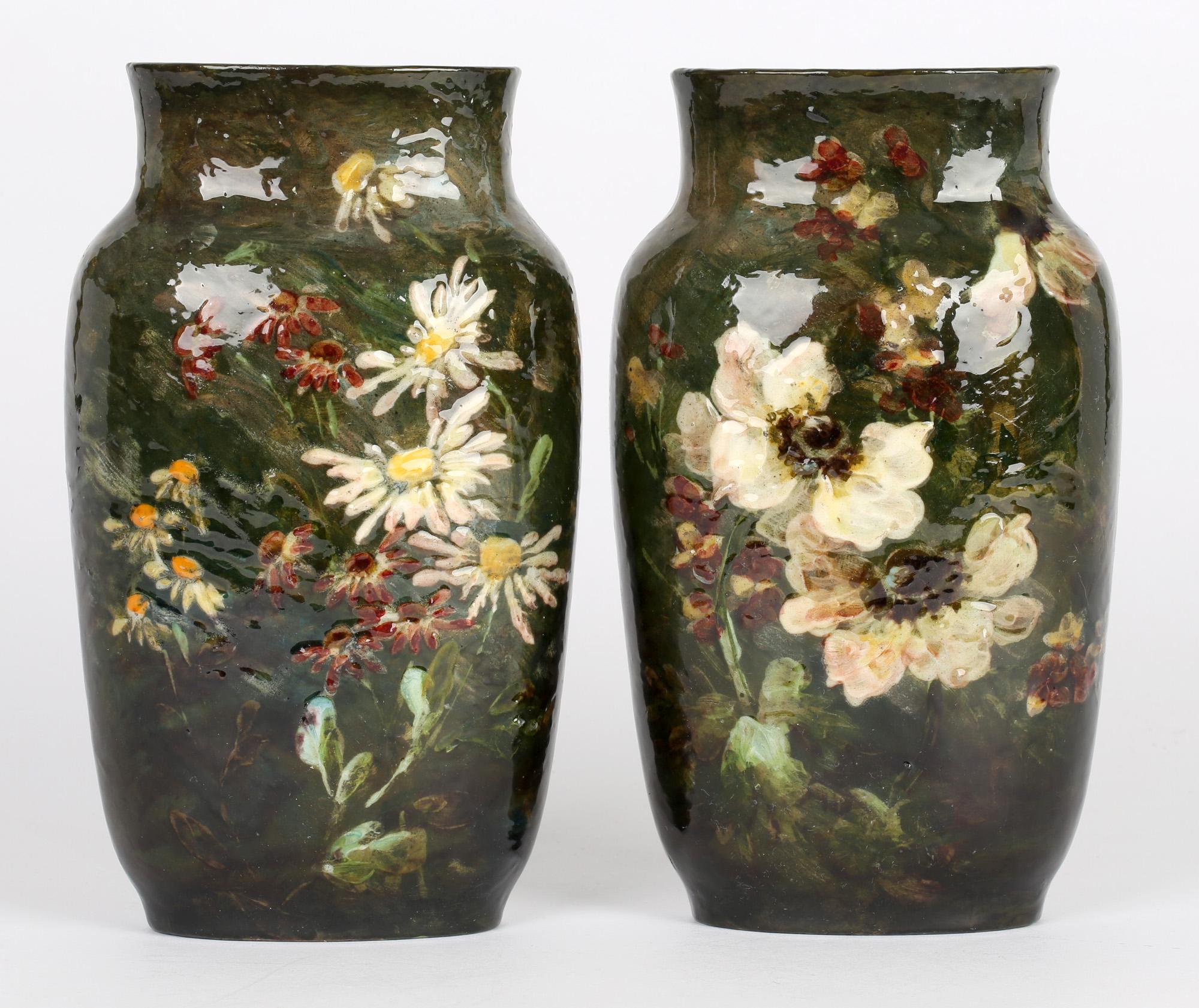 Charles Louis Eugène Virion Montigny Sur Loing Pair Floral Pottery Vases 9