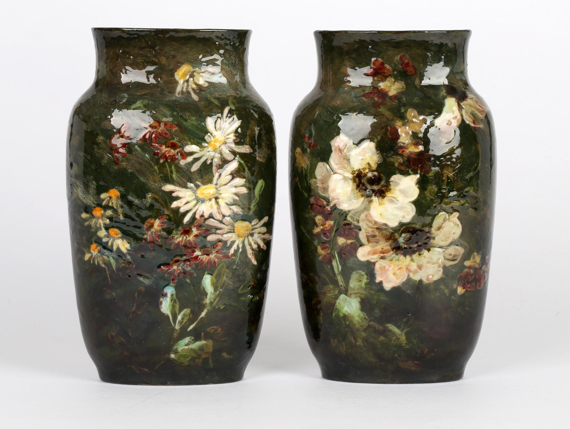 Charles Louis Eugène Virion Montigny Sur Loing Pair Floral Pottery Vases In Good Condition In Bishop's Stortford, Hertfordshire