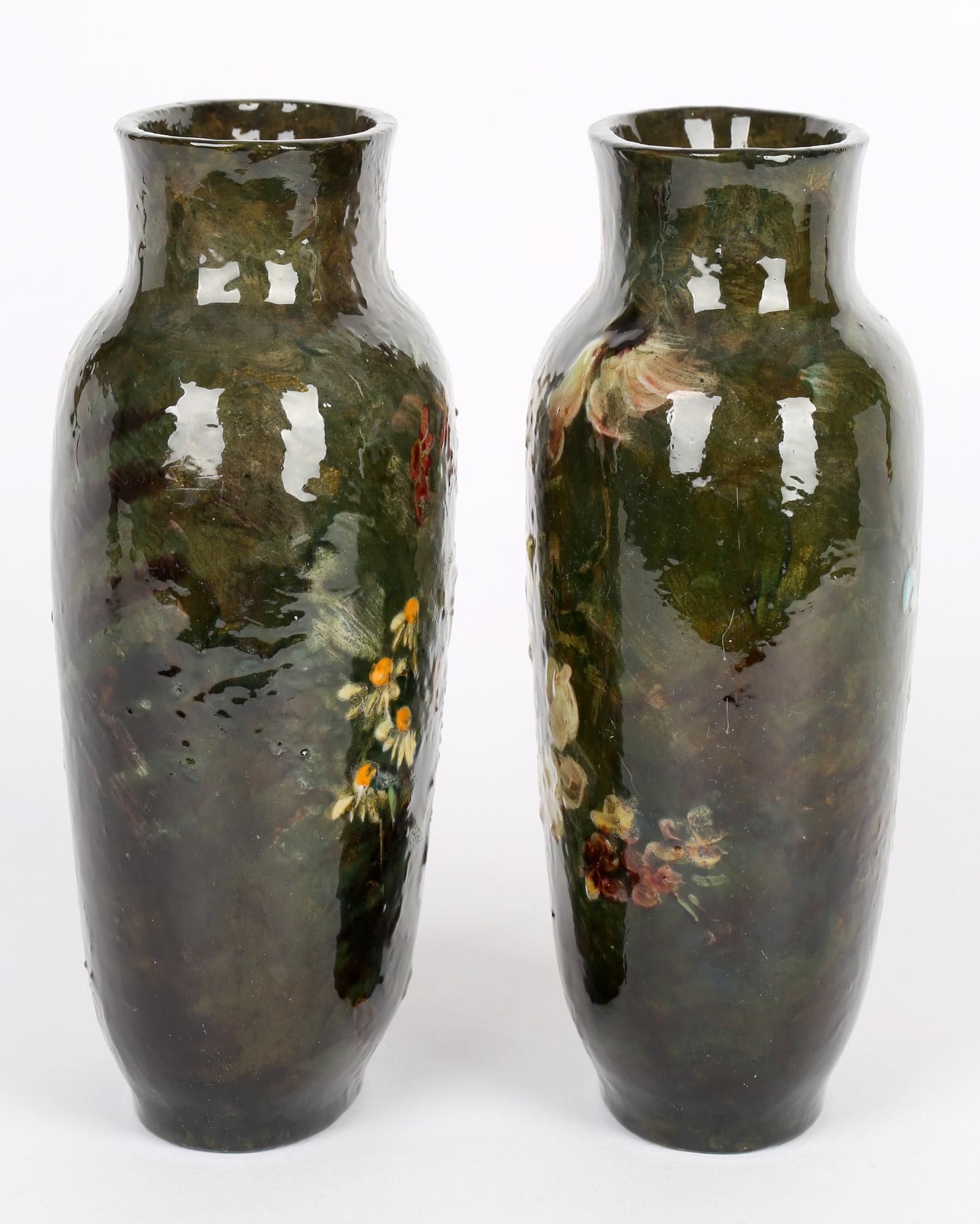 19th Century Charles Louis Eugène Virion Montigny Sur Loing Pair Floral Pottery Vases