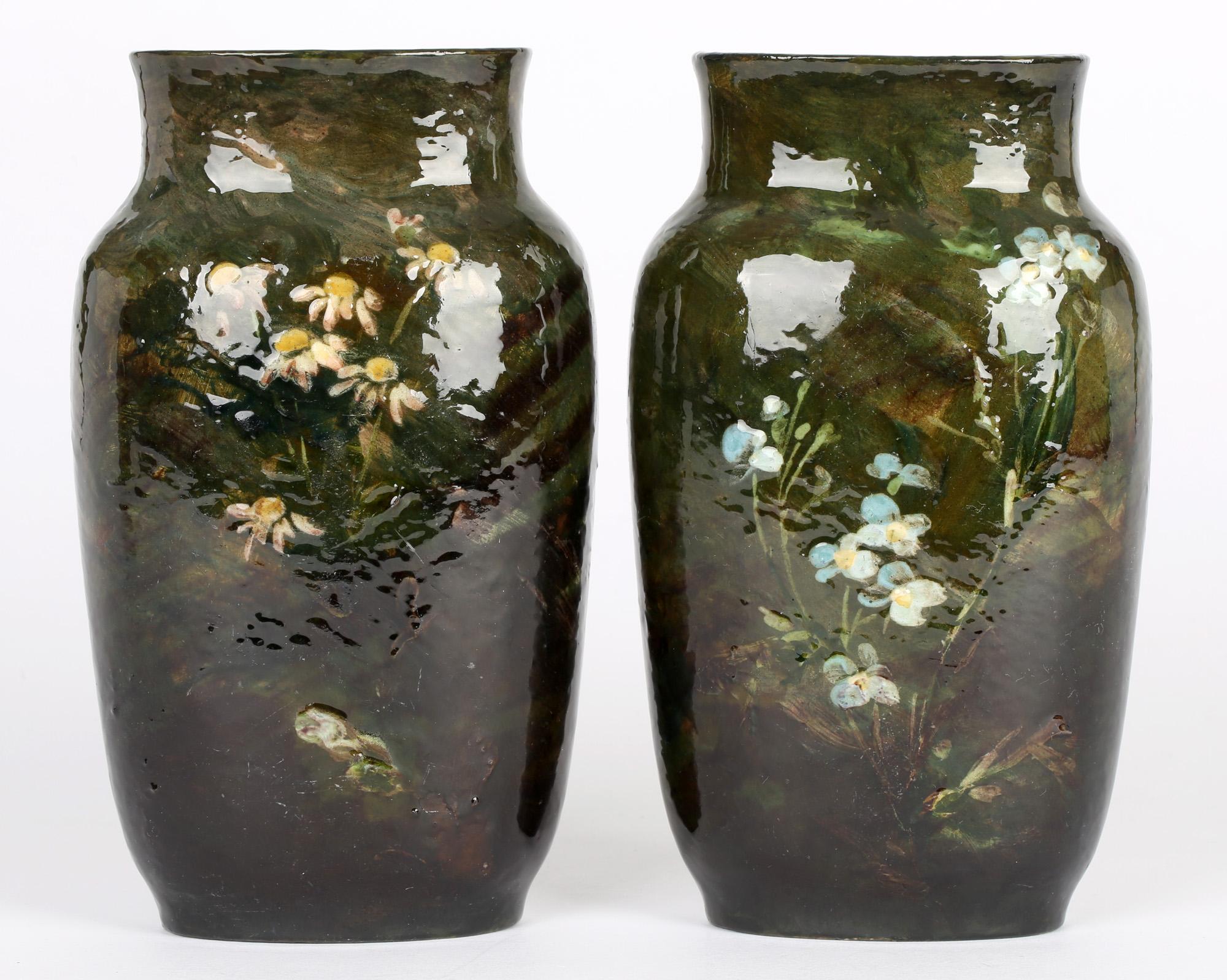 Earthenware Charles Louis Eugène Virion Montigny Sur Loing Pair Floral Pottery Vases