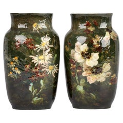 Charles Louis Eugène Virion Montigny Sur Loing Pair Floral Pottery Vases