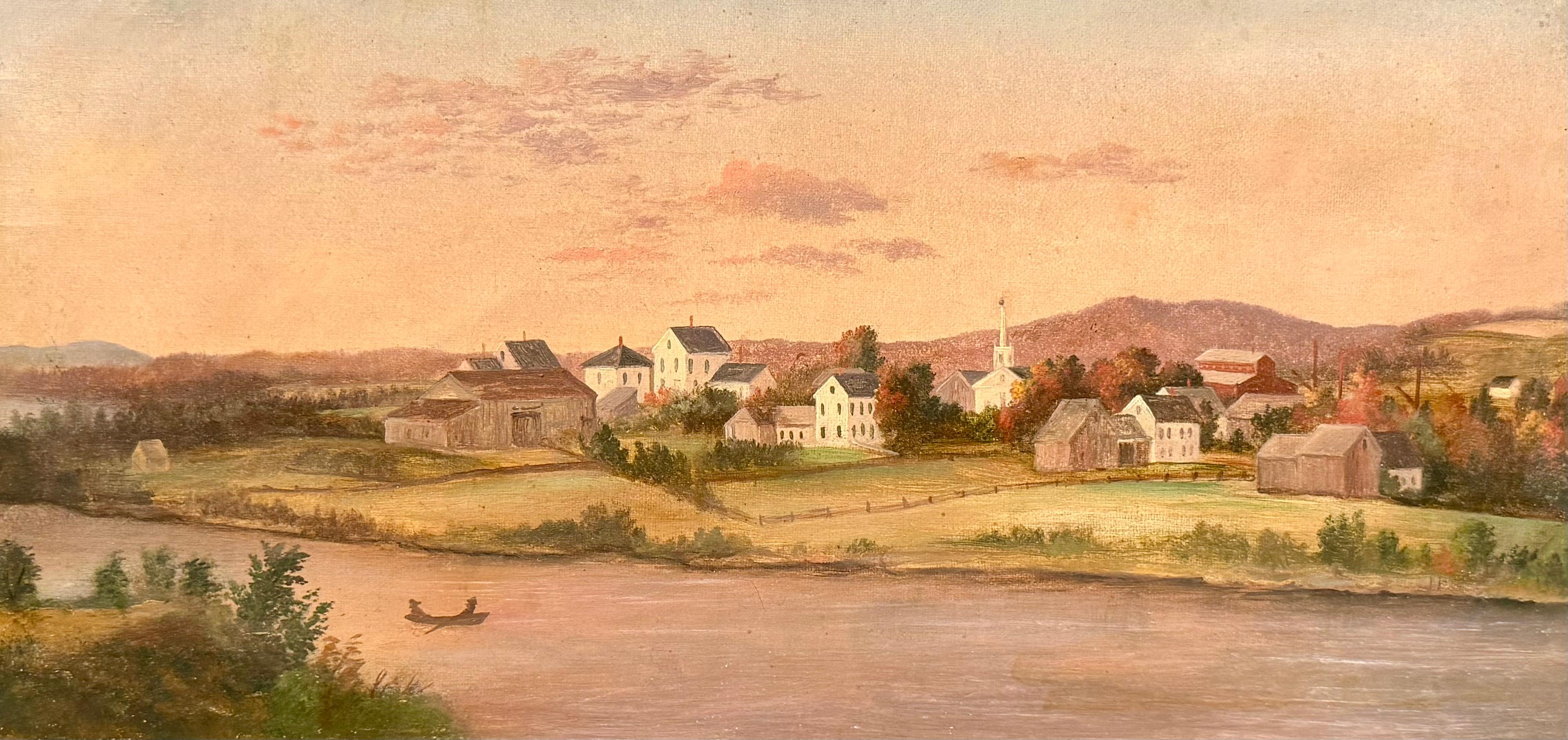 Vermont River Town, Oil on Canvas, Hudson River School, Circa 1860s