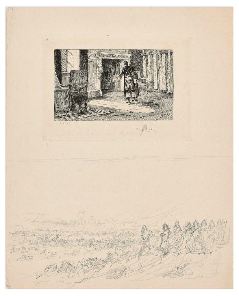 Charles Louis Kratke Figurative Print - Interior Scene - Original Etching by C.L. Kratke - 1880s