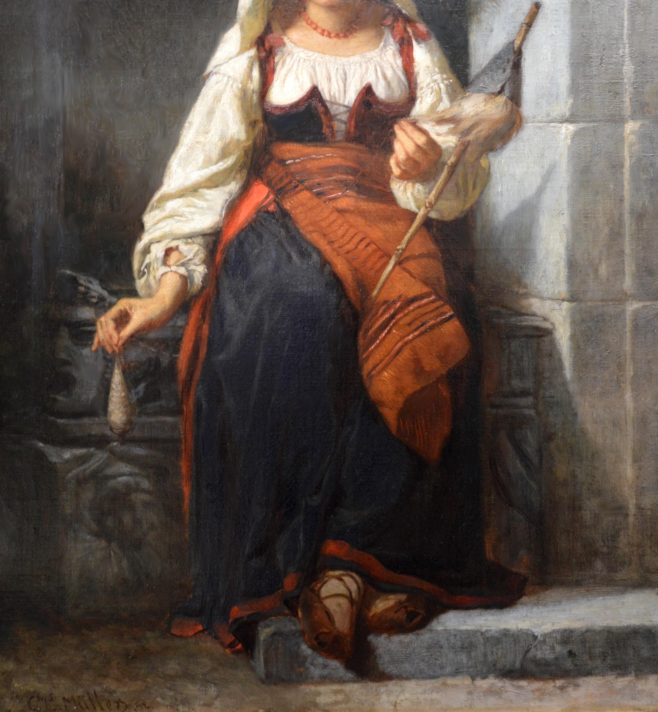 Une Fille de Filature - Large 19th Century French Portrait Oil Painting - Brown Portrait Painting by Charles Louis Lucien Muller 