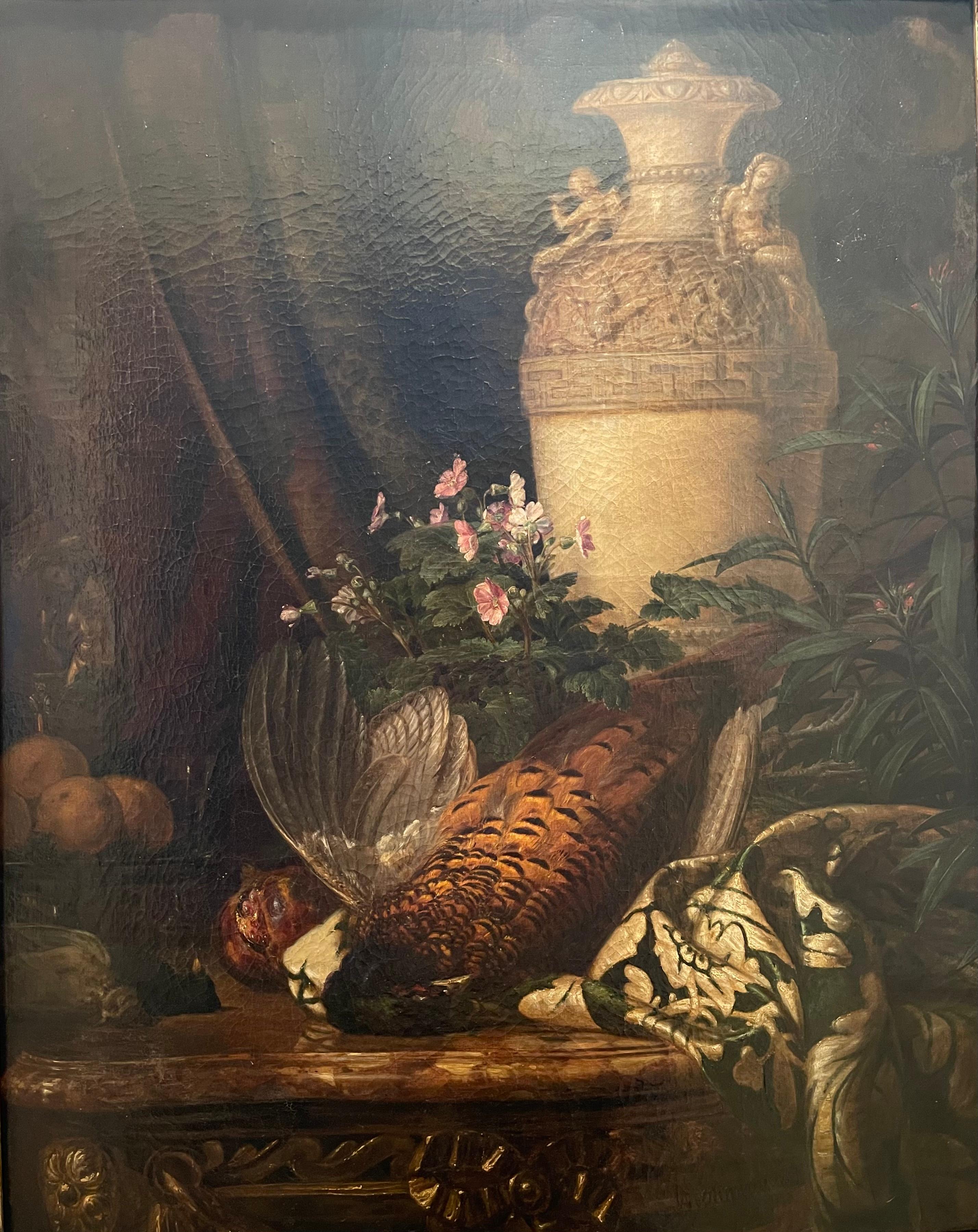 Painting, oil on canvas, depicting a still life on the theme of hunting pheasants and pheasant chickens. Signed lower right 
