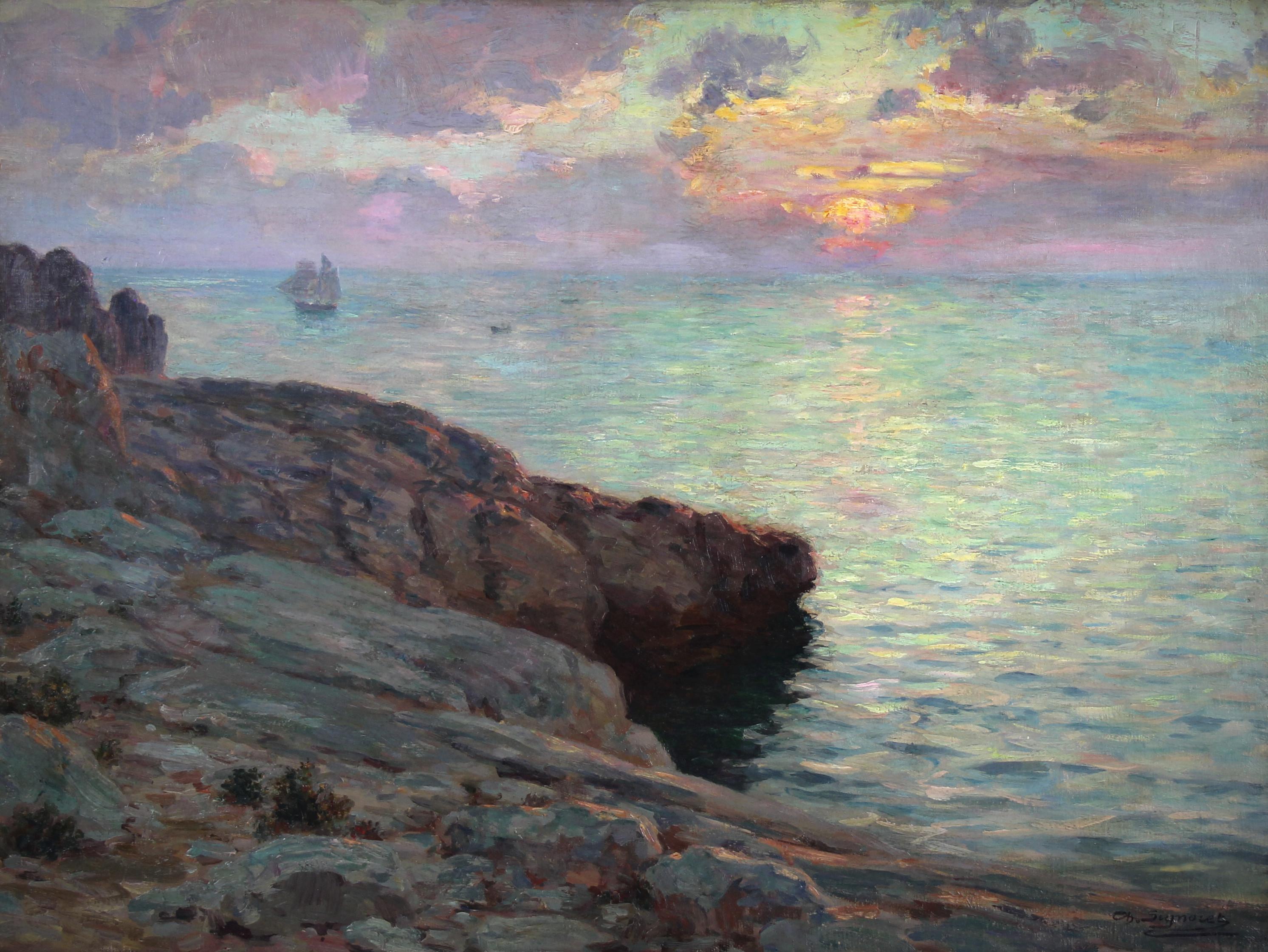 Marine seascape at sunset French oil on canvas by Charles Signoret 19Th century - Painting by Charles Louis Signoret
