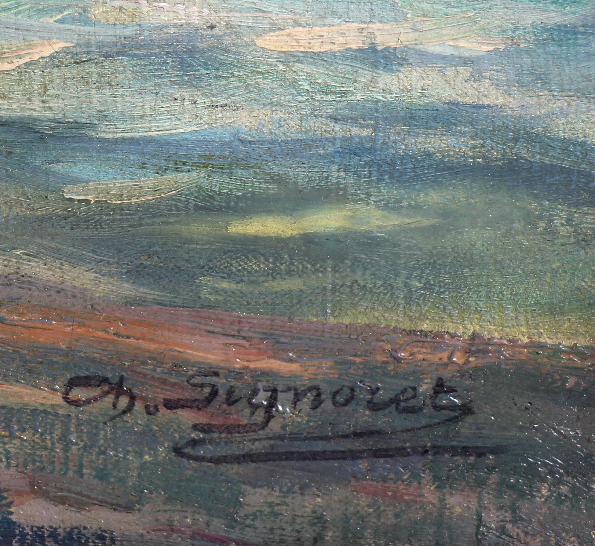 Marine seascape at sunset French oil on canvas by Charles Signoret 19Th century - Impressionist Painting by Charles Louis Signoret
