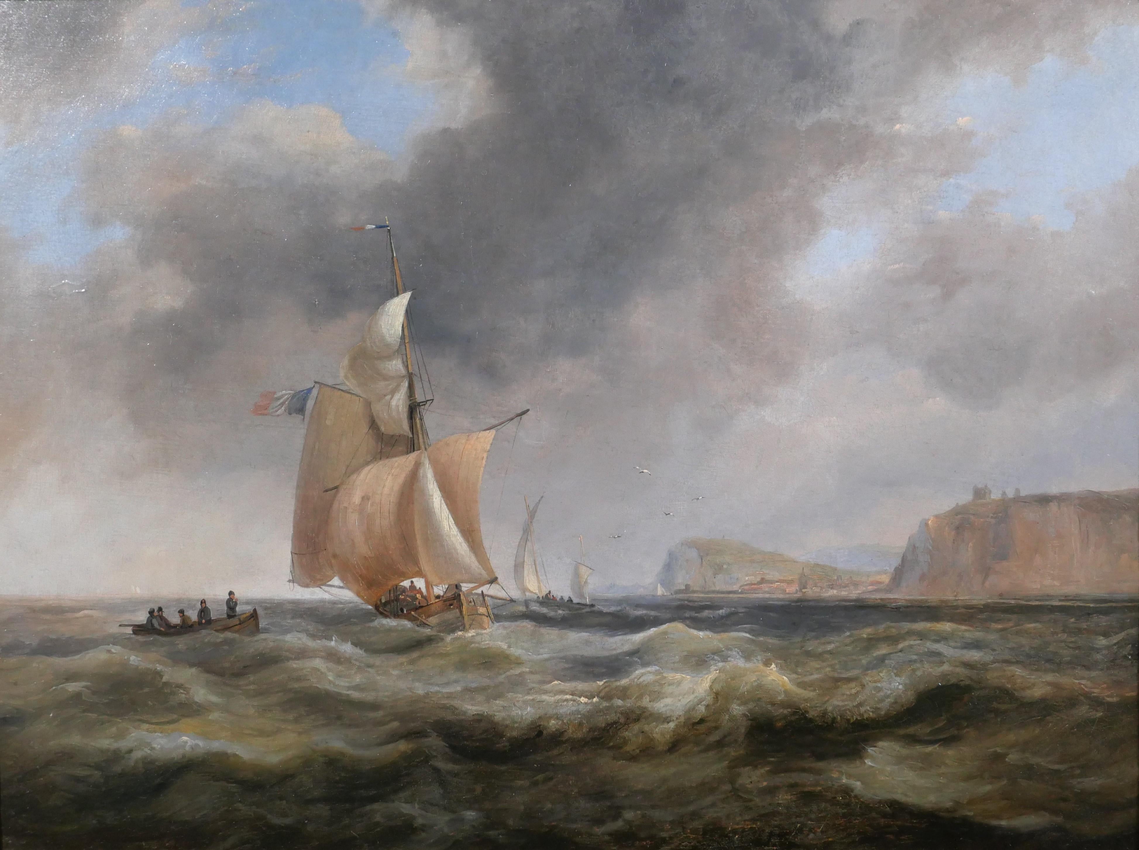 Charles-Louis Verboeckhoven Landscape Painting - Boat off the coast of Fécamp (Normandy)