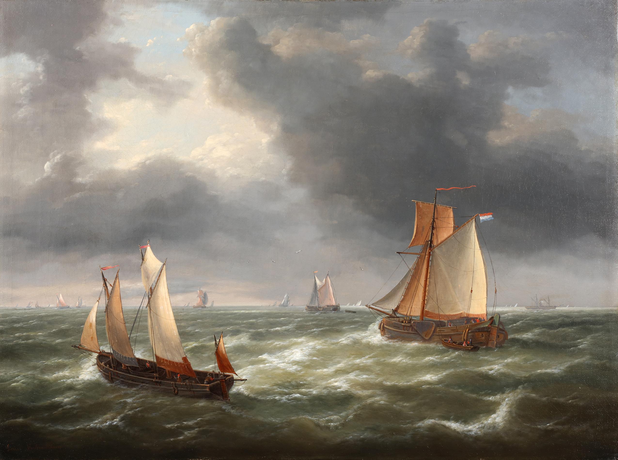 Ships in open water - Charles-Louis Verboeckhoven (Waasten 1802-1889) For Sale 1