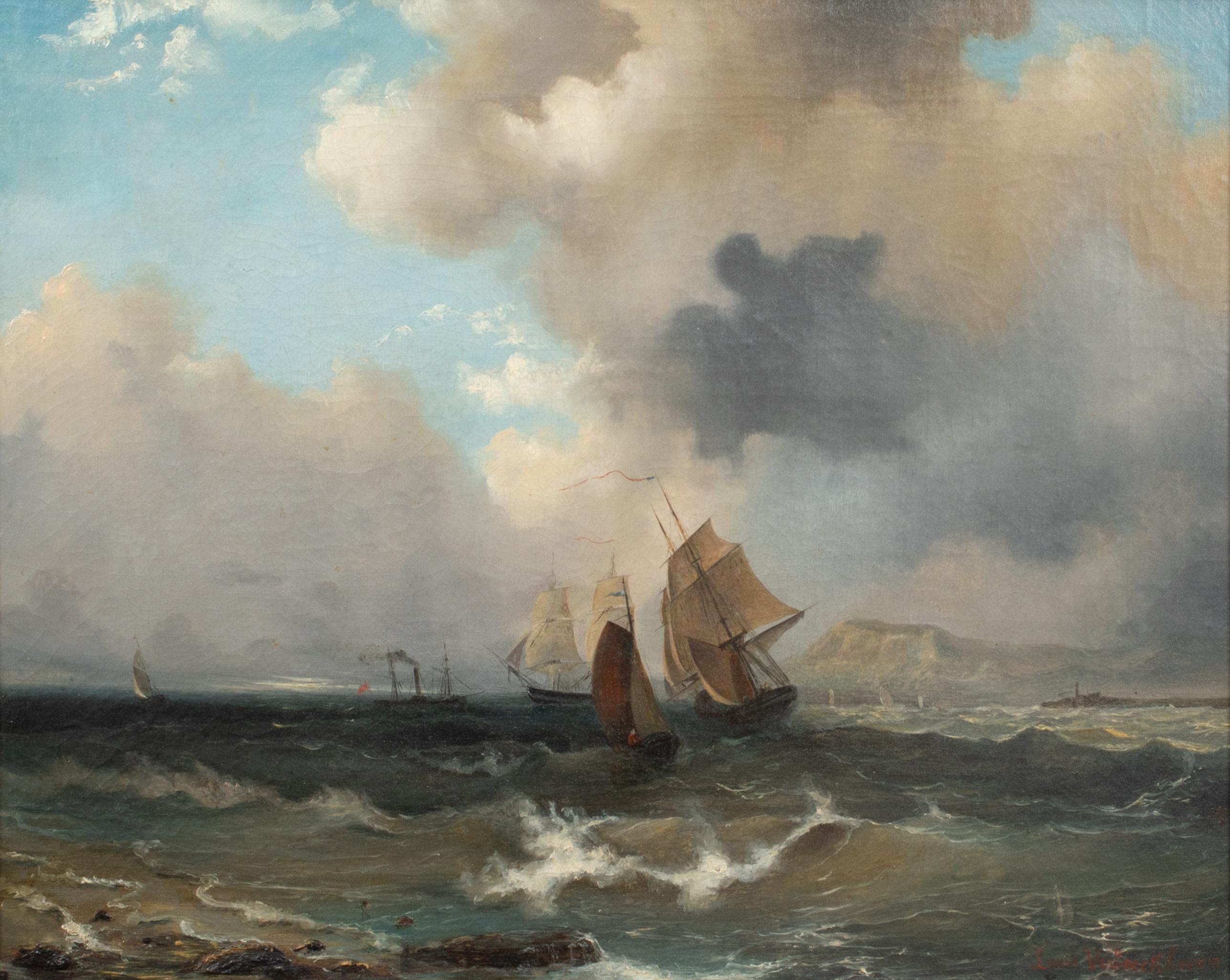 Dutch Ships Sailing Off The Coast, 19th Century  - Painting by Charles Louis Verboeckhoven