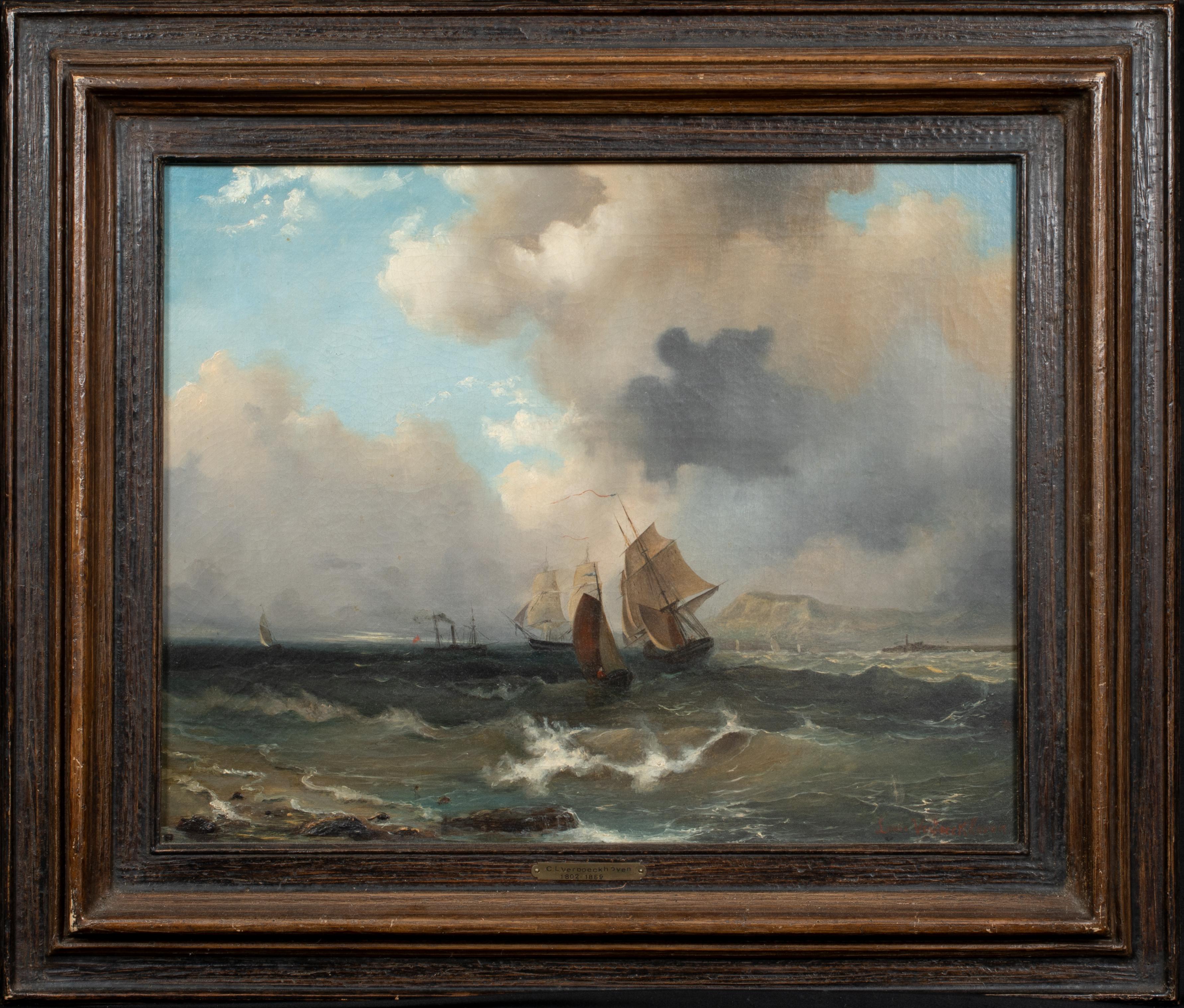 Charles Louis Verboeckhoven Landscape Painting - Dutch Ships Sailing Off The Coast, 19th Century 