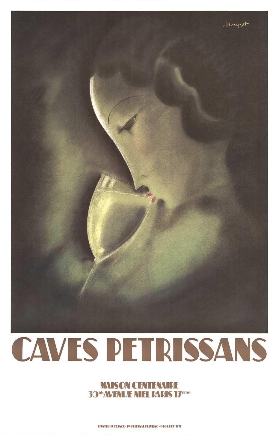 Portrait Print de Charles Loupot - Caves Petrissans, first printing lithograph art deco French restaurant poster