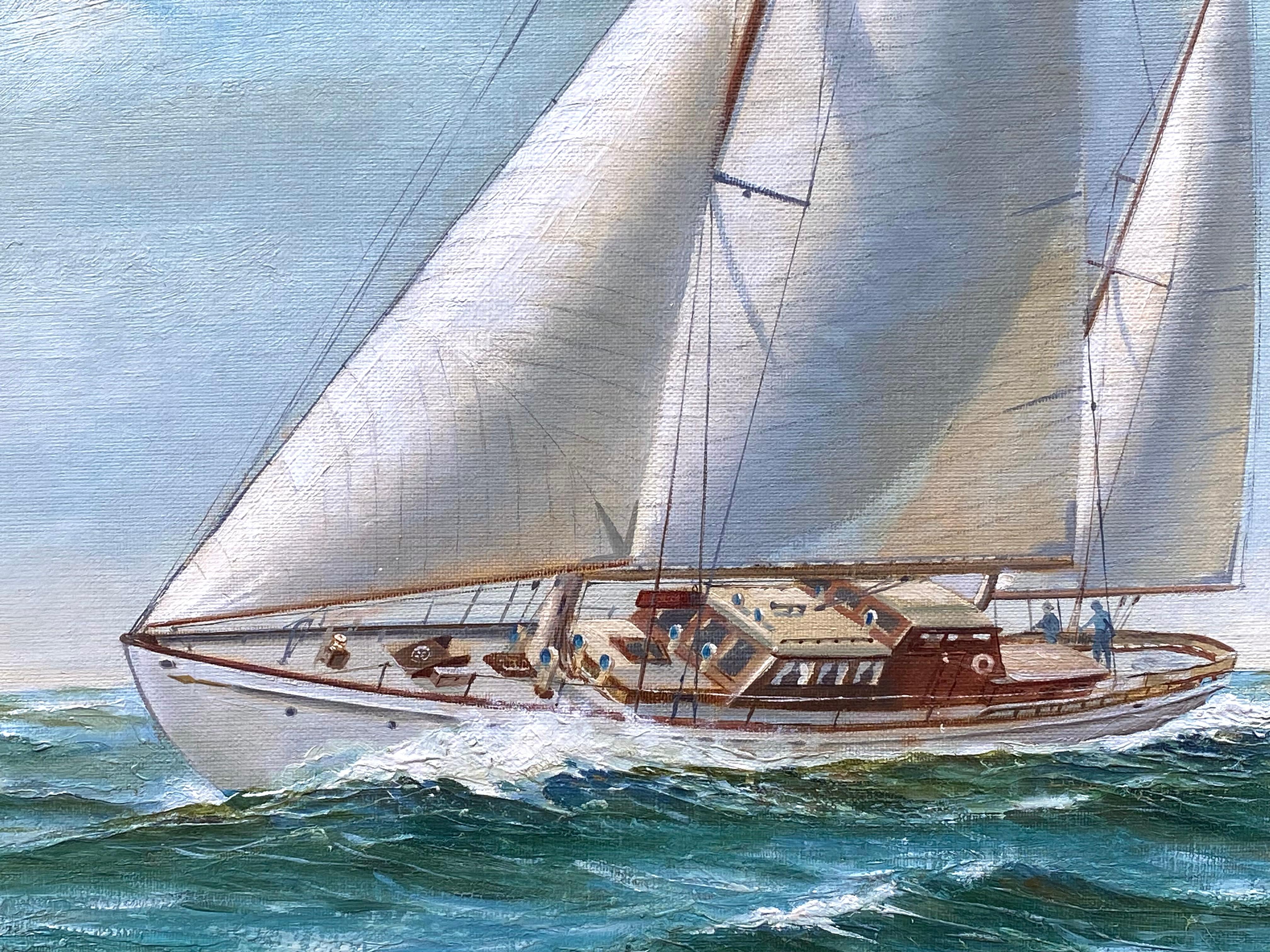 Quadro originale a olio su tela di una barca a vela in piena navigazione dell'artista americano Charles Lundgren.  Firmato dall'artista in basso a destra e datato 1950.  Le misure complessive della cornice sono 21,75 per 25,5 pollici. Le condizioni