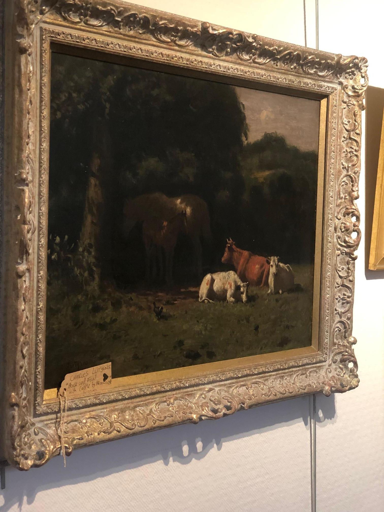 Horse and Foal with Cattle in a pasture by Moonlight. - Painting by Charles Lutyens