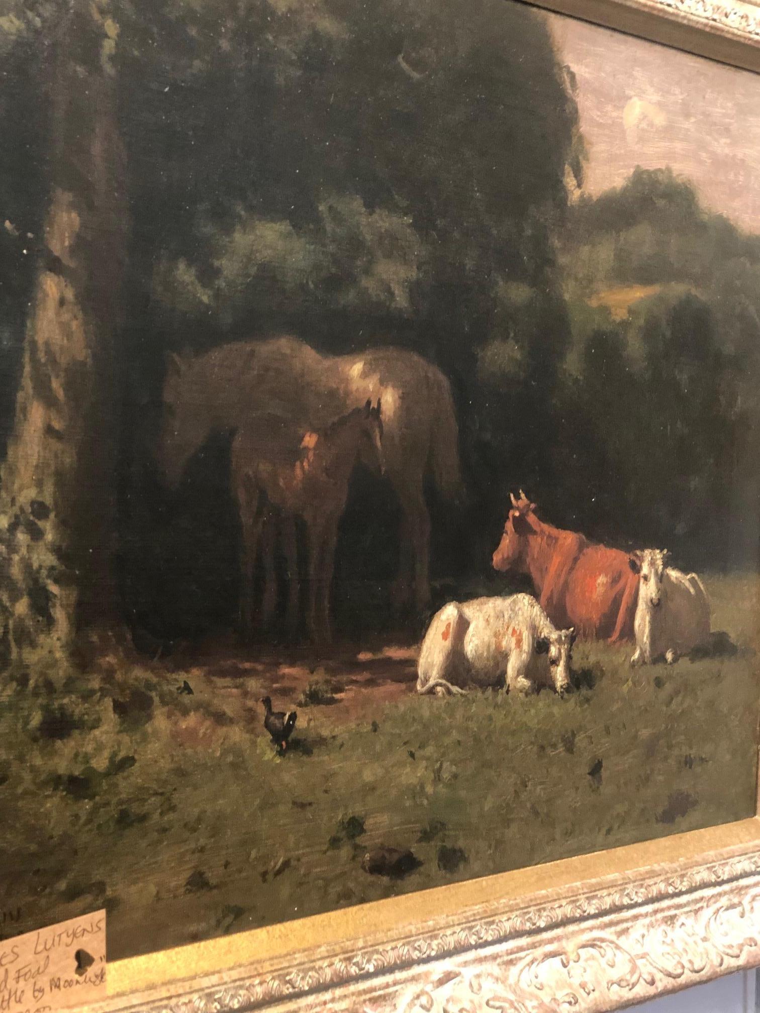 Paesaggio vittoriano con cavallo e puledro e bestiame in un pascolo al chiaro di luna. - Painting Impressionismo di Charles Lutyens