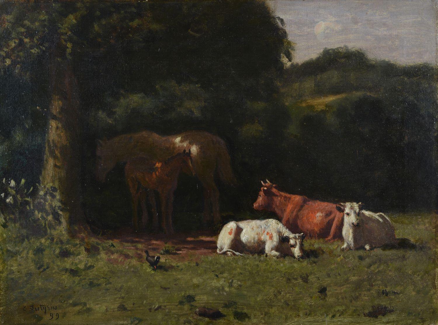 Paisaje victoriano con caballo y potro con ganado en un prado a la luz de la luna.
