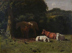 Horse and Foal with Cattle in a pasture by Moonlight.