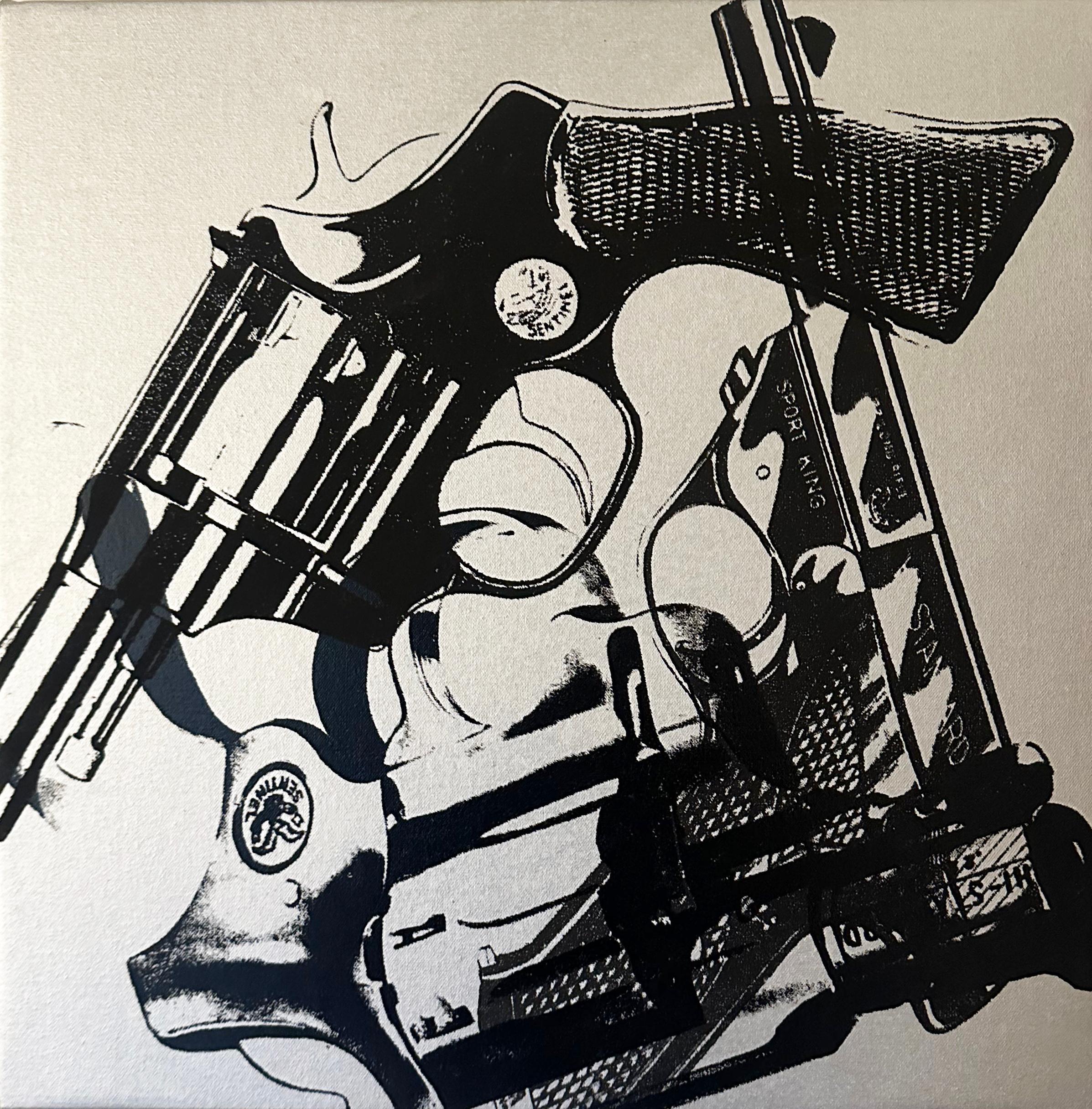 Denied Warhol Guns (3 Silver) Painting on canvas by Charles Lutz

Silkscreen and Aluminum paint on canvas with artist
s Denied stamp of the Andy Warhol Art Authentication Board. 
20 x 20" inches 
2008

Lutz
s 2007 

Warhol Denied

 series gained him