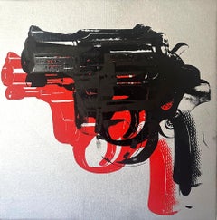 Andy Warhol Denied Painting on Canvas Guns II (Silver Black Red) by Charles Lutz