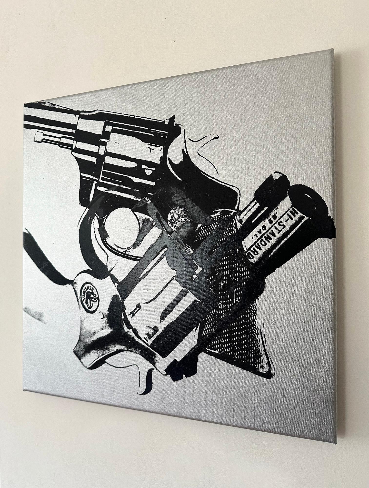 Andy Warhol Denied Painting on Canvas Guns (Silver) by Charles Lutz For Sale 1