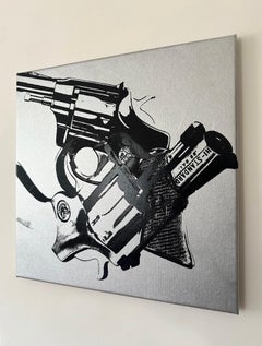 Andy Warhol Denied Painting on Canvas Guns (Silver) by Charles Lutz