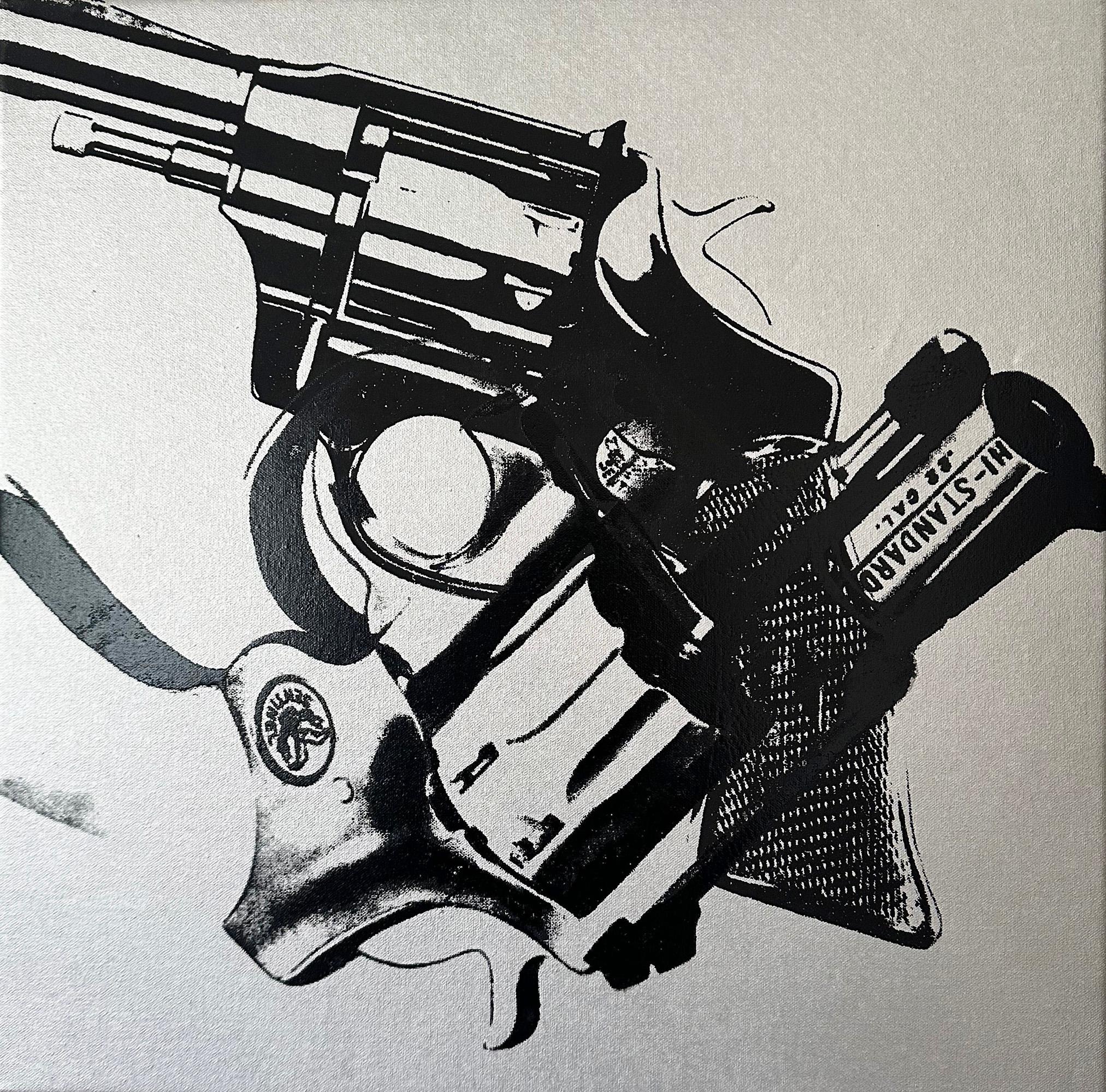 Andy Warhol Denied Painting on Canvas Guns (Silver) by Charles Lutz For Sale 4
