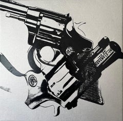 Andy Warhol Denied Painting on Canvas Guns (Silver) by Charles Lutz