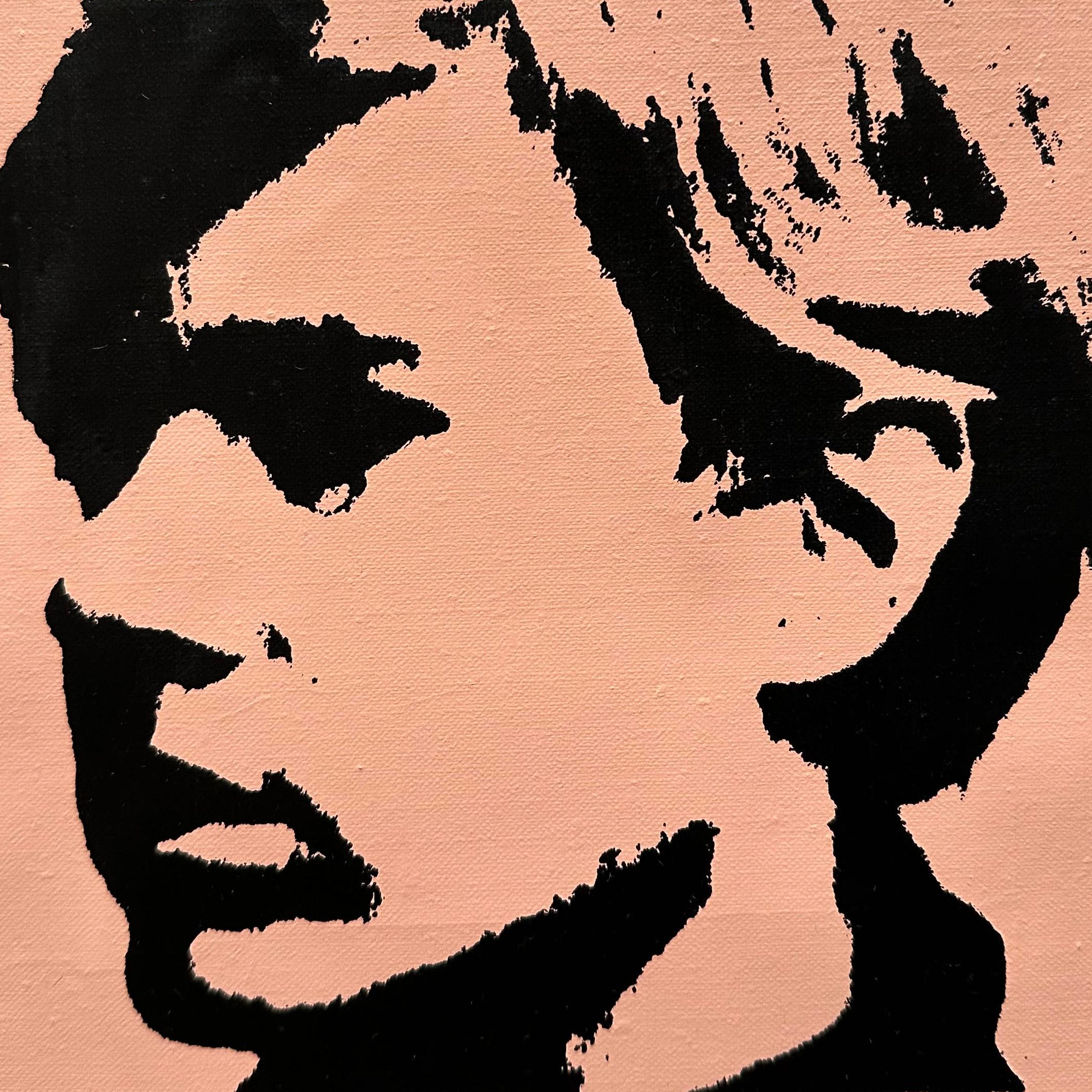 Denied Warhol self portrait painting in peach/ pink on linen by Charles Lutz
Silkscreen and acrylic on linen with artist's Denied stamp of the Andy Warhol Art Authentication Board. 
10 x 10" inches 
2008

Lutz's 2007 ''Warhol Denied'' series gained