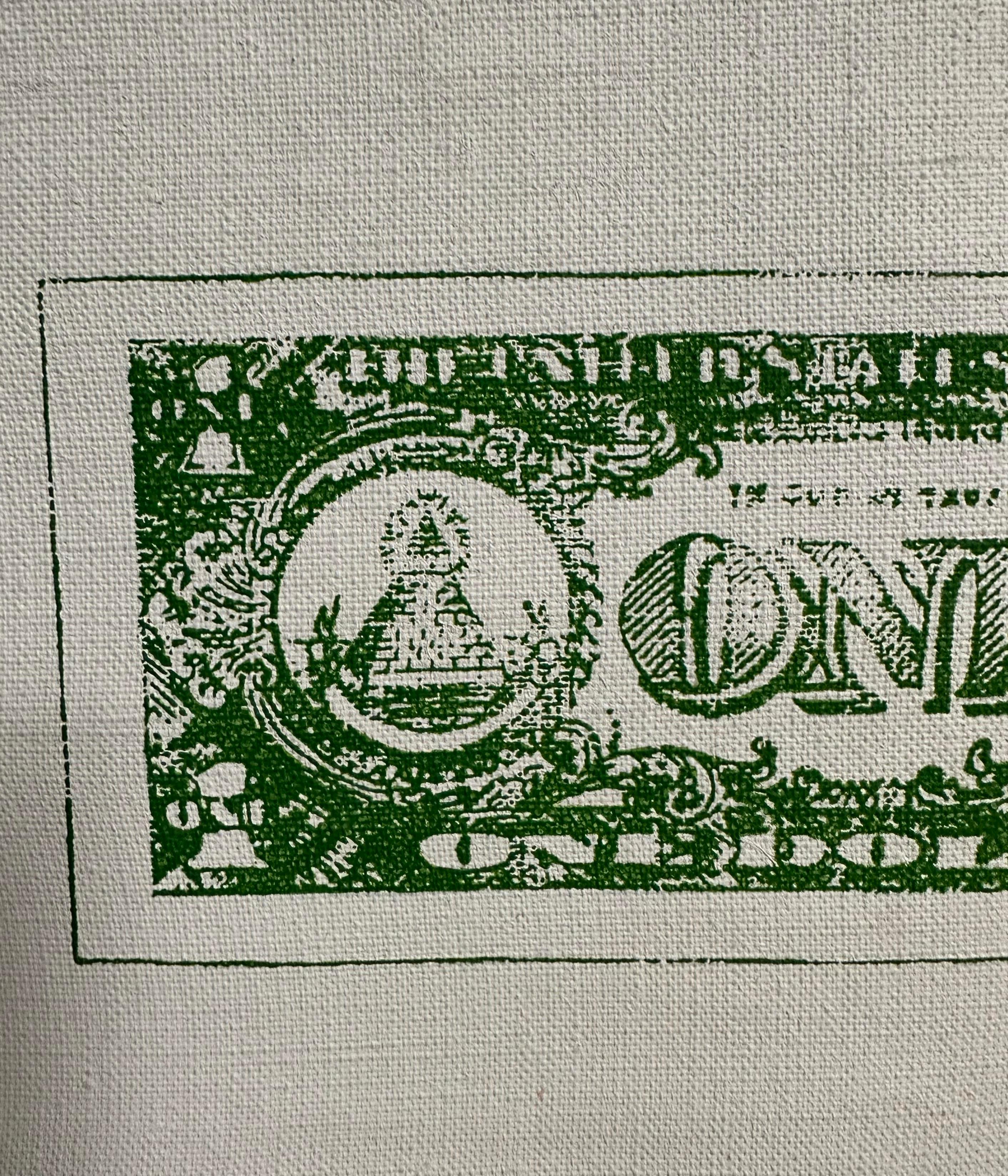 Denied Andy Warhol Dollar Bill Painting / Charles Lutz
silkscreen ink on linen with the Denied stamp of the Andy Warhol Art Authentication Board.
8 x 12 in. (20.3 x 30.5 cm.)
2008

Lutz's 2007 ''Warhol Denied'' series gained international attention