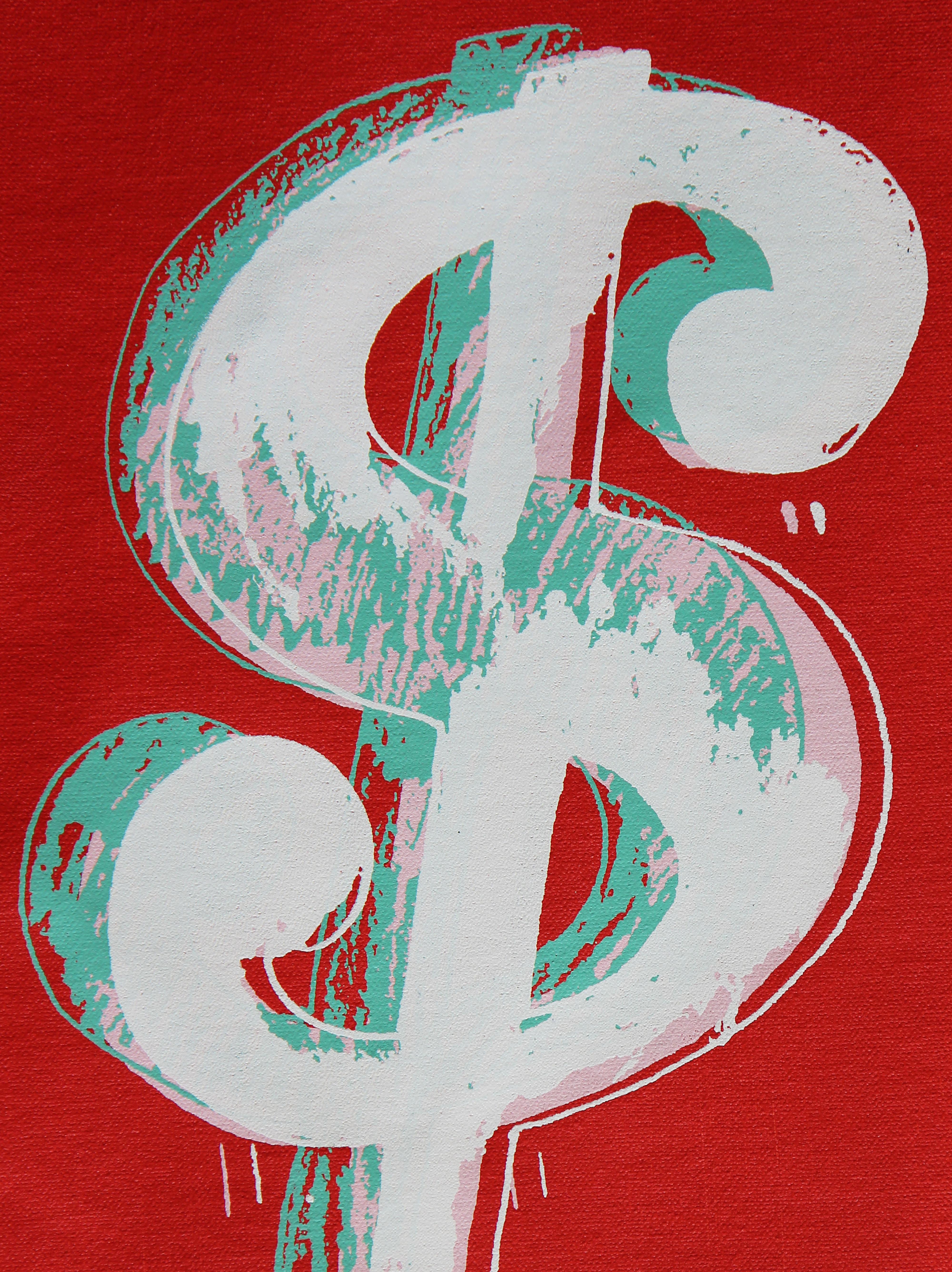 Denied Andy Warhol Dollar Sign (red green white)  Painting / Charles Lutz
Silkscreen and acrylic on linen with the Denied stamp of the Andy Warhol Art Authentication Board.
10 x 8