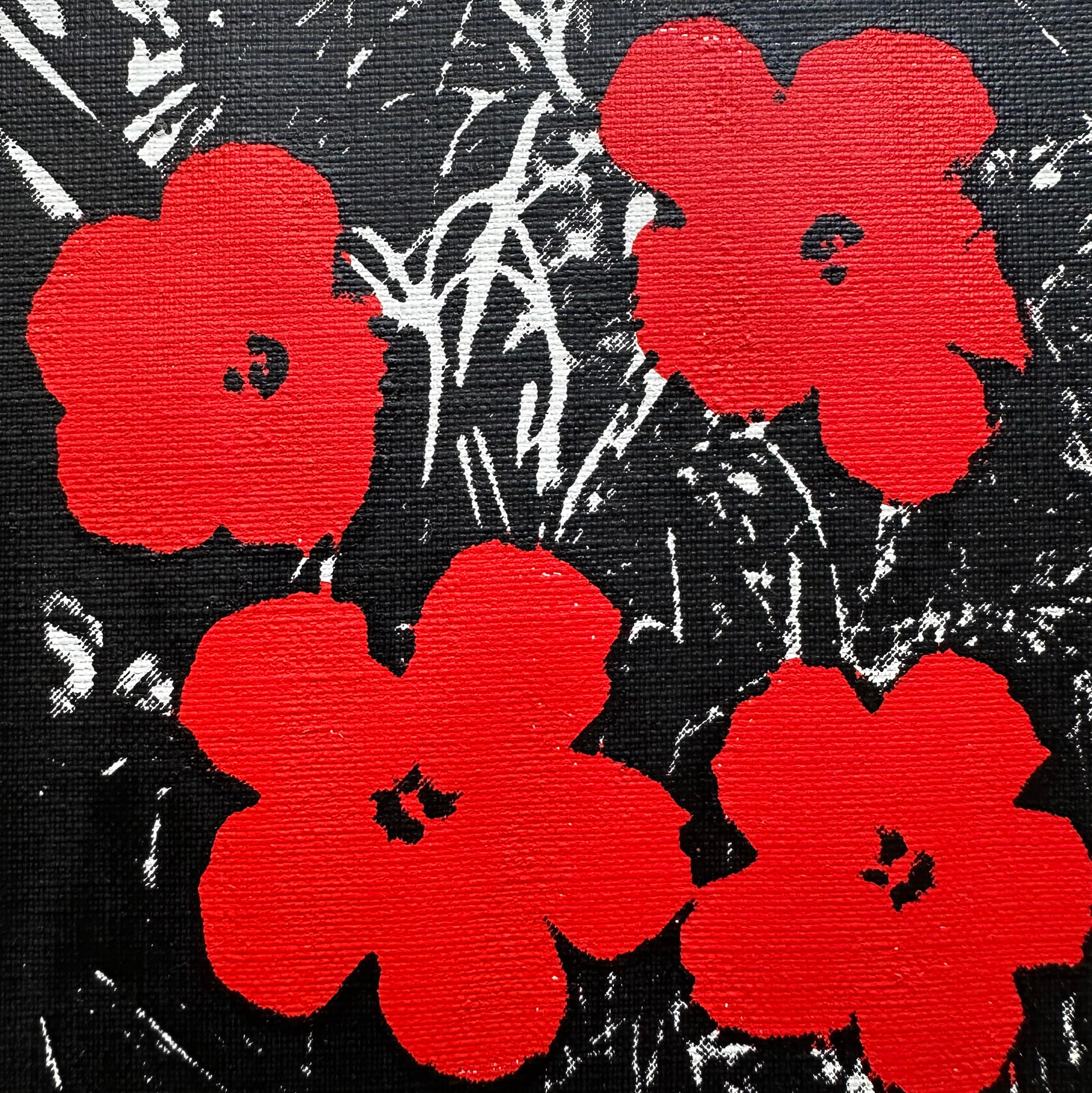 Verweigerte Warhol-Blumen, (Rot) Siebdruckgemälde von Charles Lutz
Siebdruck und Acryl auf Leinwand mit Verweigerungsstempel des Andy Warhol Art Authentication Board.
5 x 5" Zoll
2008

Lutz' Serie "Warhol Denied" aus dem Jahr 2007 erregte