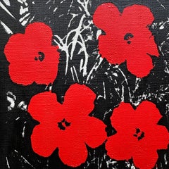Denied Andy Warhol Flowers 5x5" on linen Red Pop Art Painting by Charles Lutz