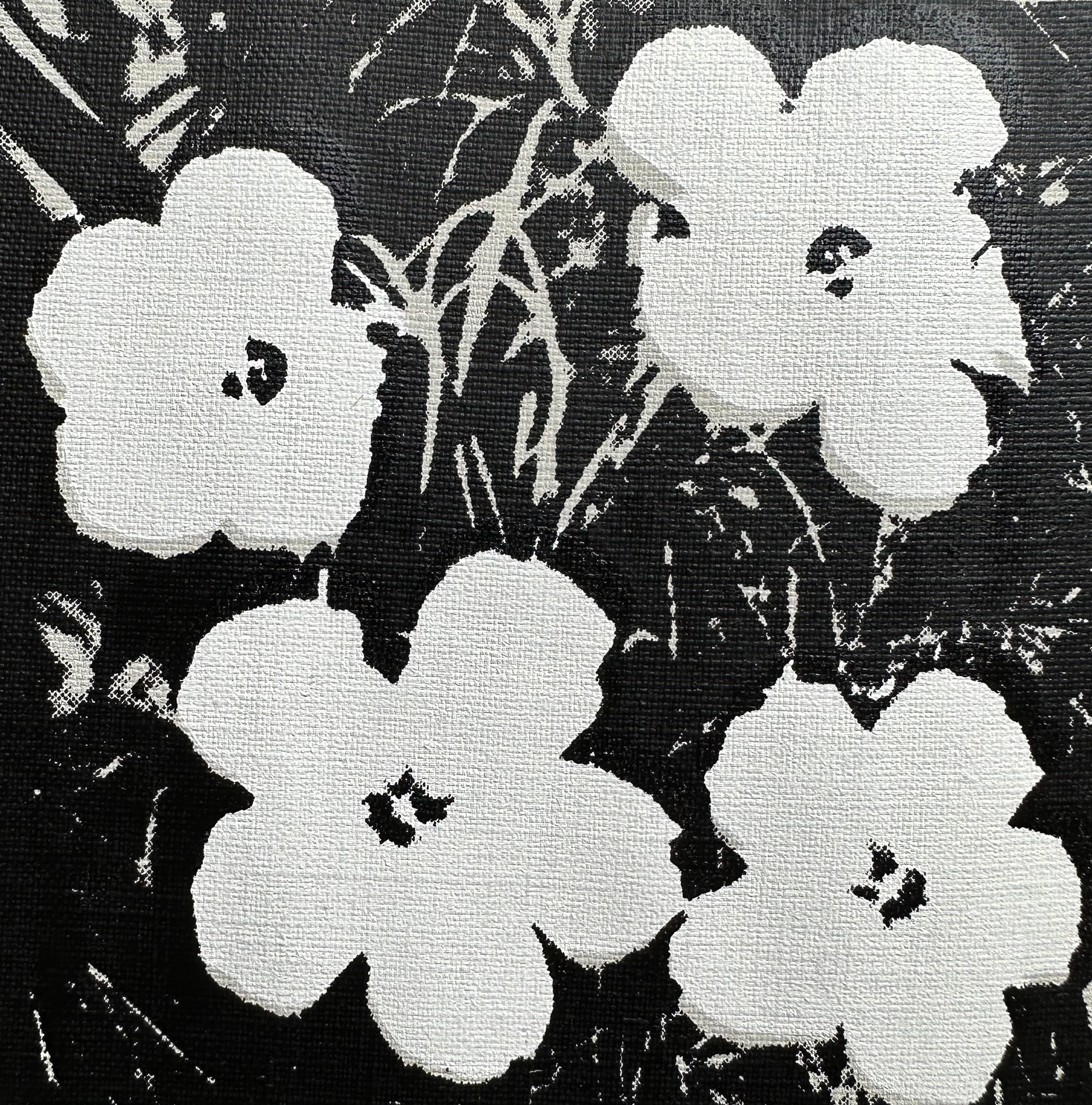 Denied Warhol Flowers, (White) Silkscreen Painting by Charles Lutz
Silkscreen and acrylic on canvas with Denied stamp of the Andy Warhol Art Authentication Board.
5 x 5