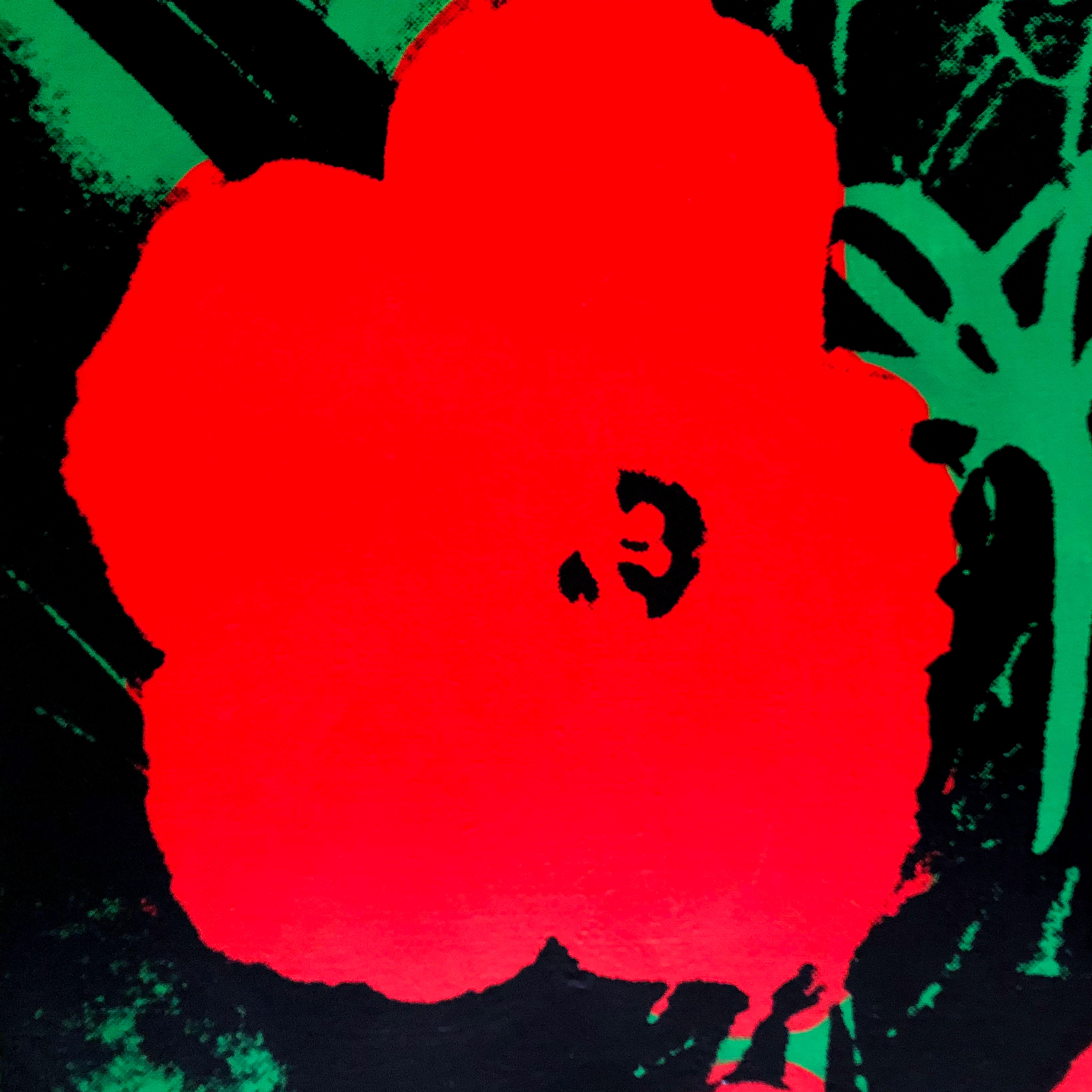 Denied Andy Warhol Blumen, (Rotes) Siebdruck-Leinengemälde von Charles Lutz im Angebot 1