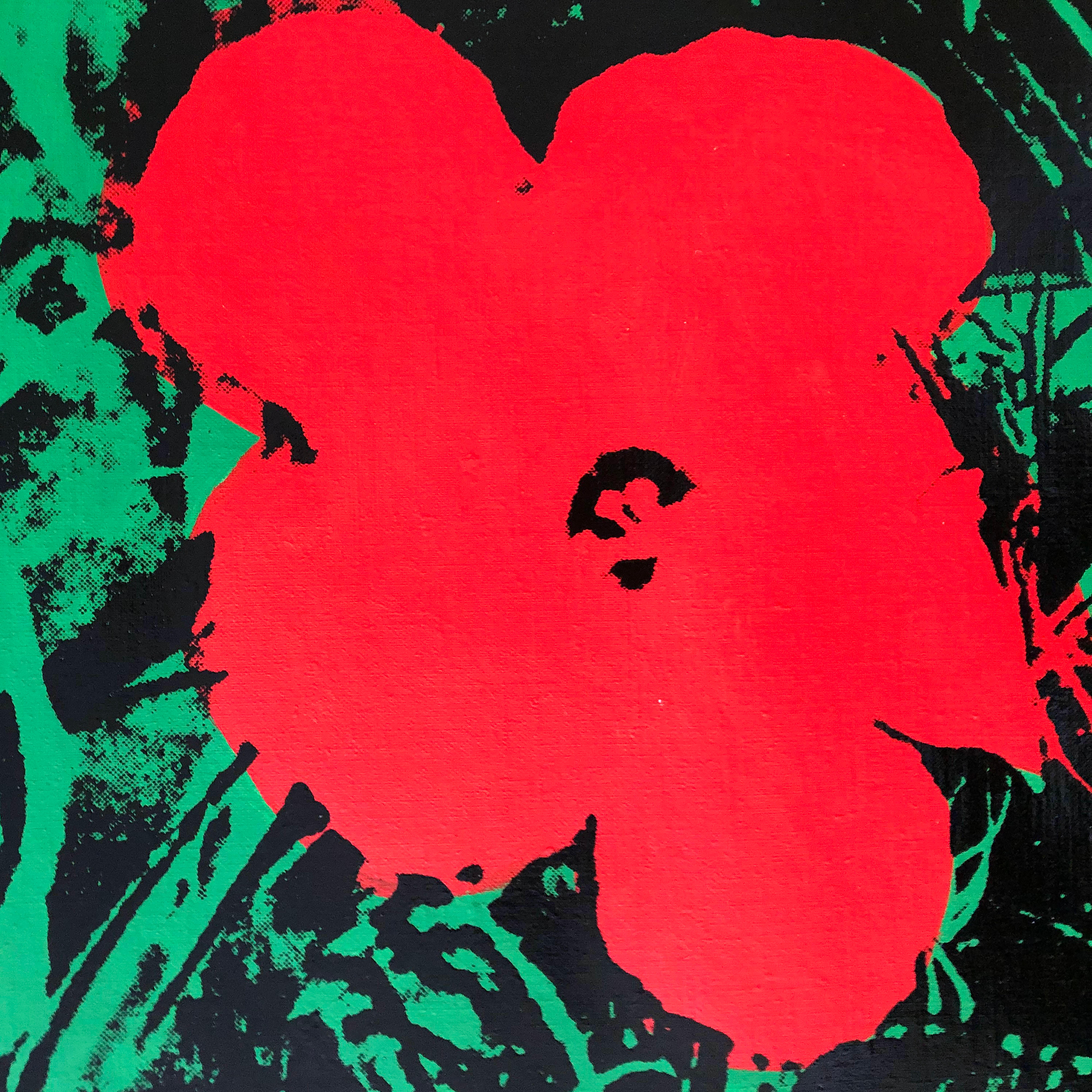 Denied Andy Warhol Blumen, (Rotes) Siebdruck-Leinengemälde von Charles Lutz im Angebot 2