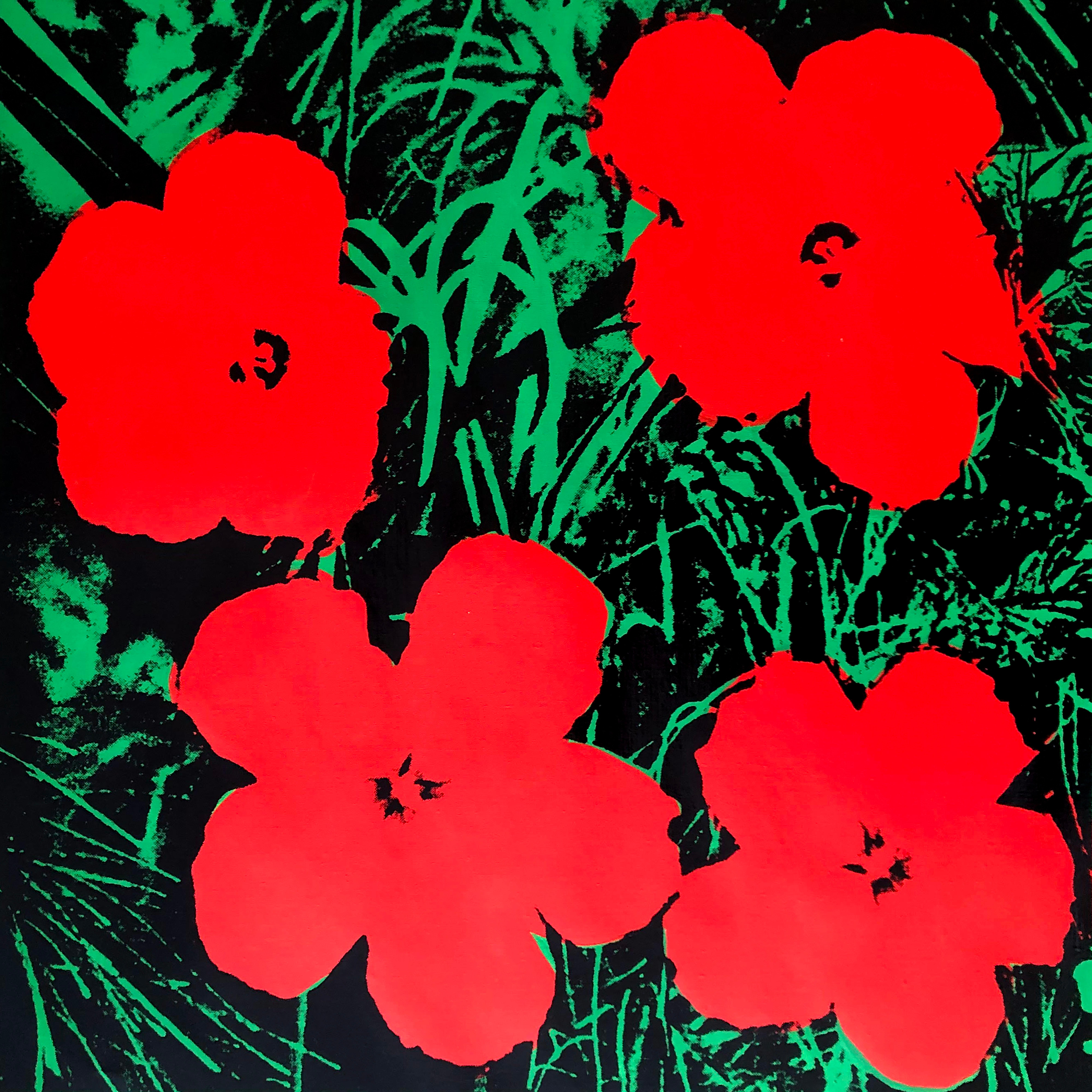 Denied Warhol Flowers, (Red) Silkscreen Linen Painting by Charles Lutz
Silkscreen and acrylic on linen with Denied stamp of the Andy Warhol Art Authentication Board. 
24 x 24" inches 
2008

Lutz's 2007 ''Warhol Denied'' series gained international