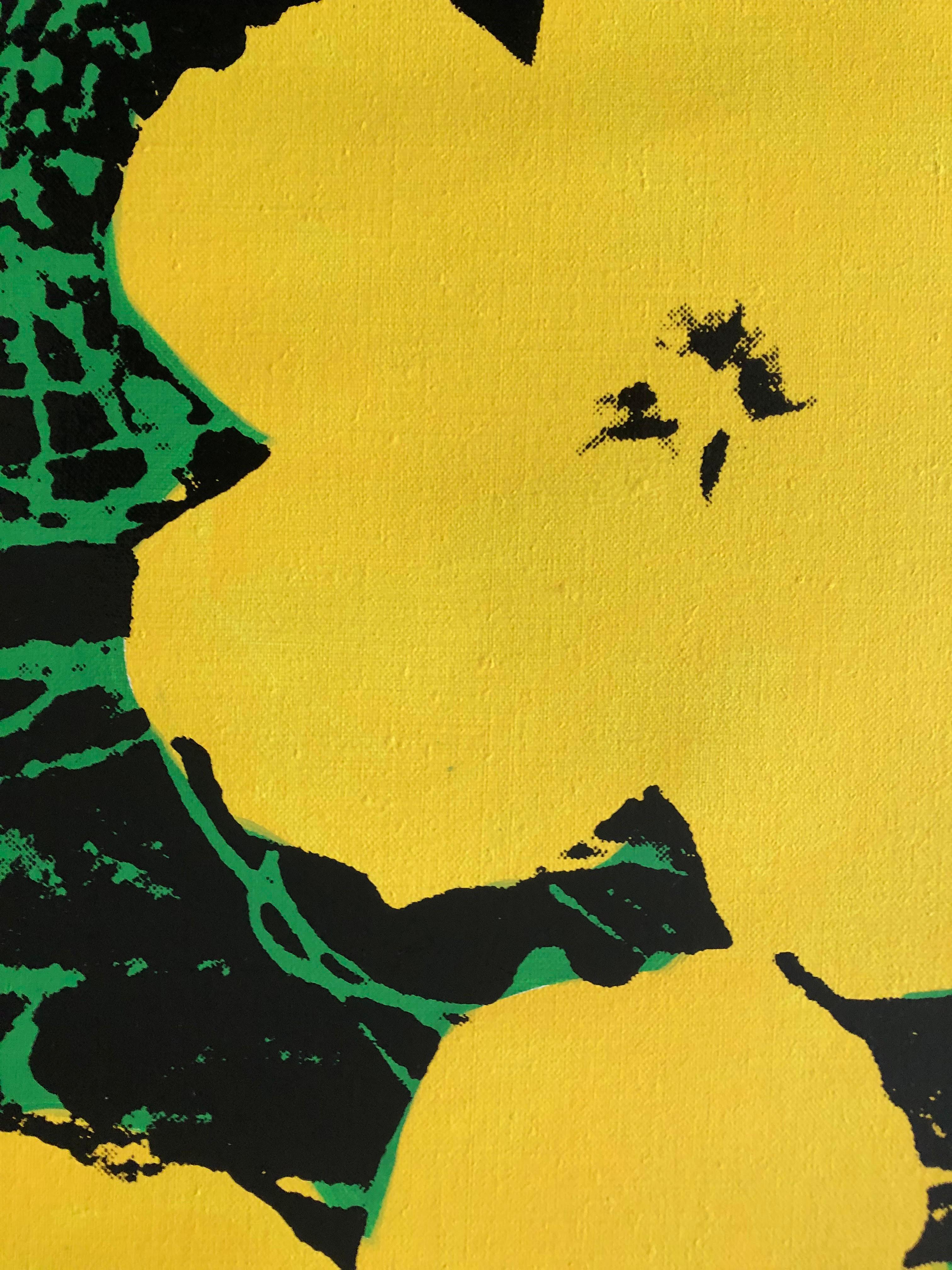 Denied Andy Warhol Blumen, (Gelb) Siebdruck-Leinengemälde von Charles Lutz im Angebot 1