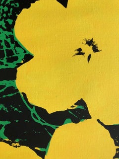Denied Andy Warhol Flowers, (Yellow) Silkscreen linen Painting by Charles Lutz