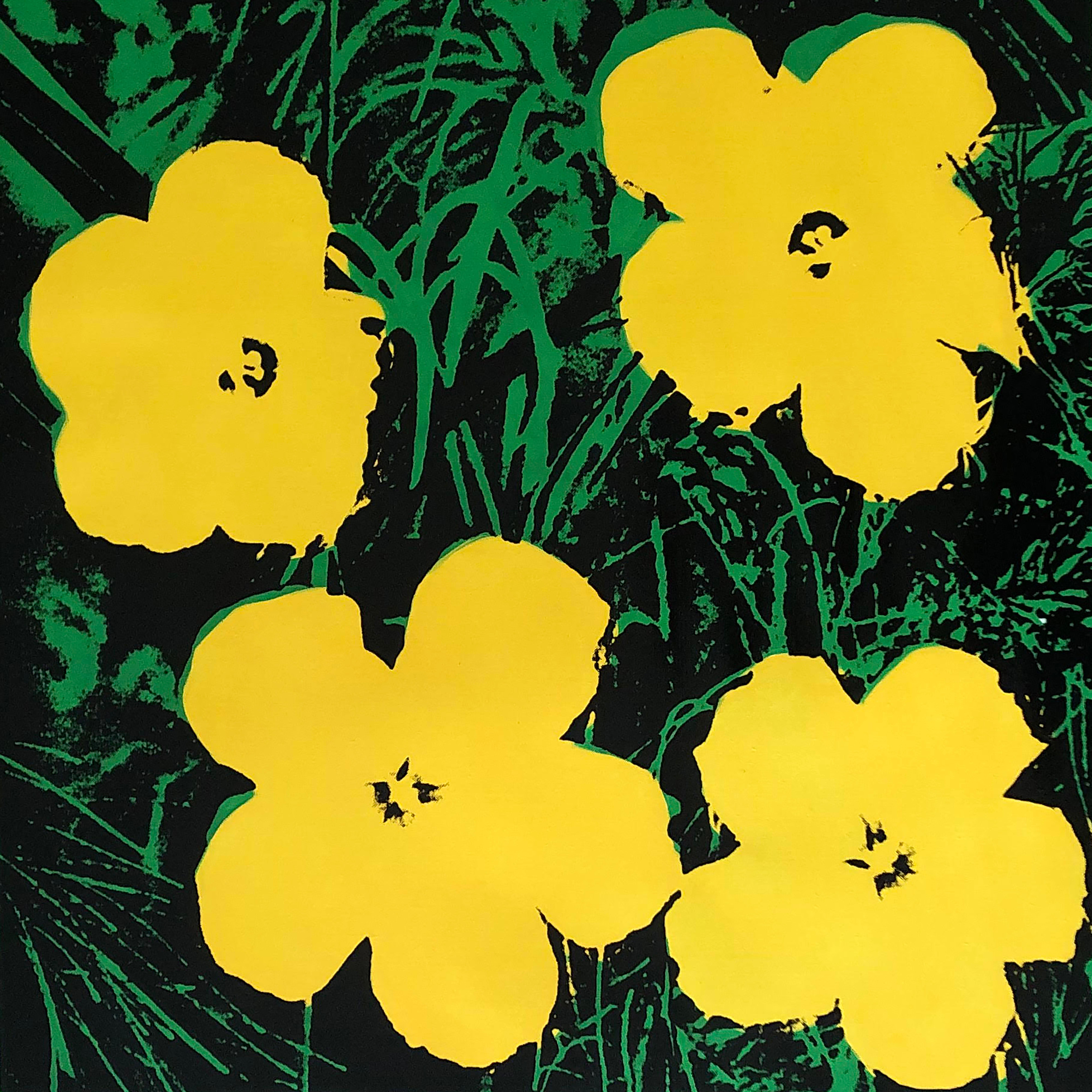 Verweigerte Warhol-Blumen, (Gelb) Siebdruck Leinengemälde von Charles Lutz
Siebdruck und Acryl auf Leinen mit Verweigerungsstempel des Andy Warhol Art Authentication Board. 
24 x 24" Zoll 
2008

Lutz' Serie "Warhol Denied" aus dem Jahr 2007 erregte