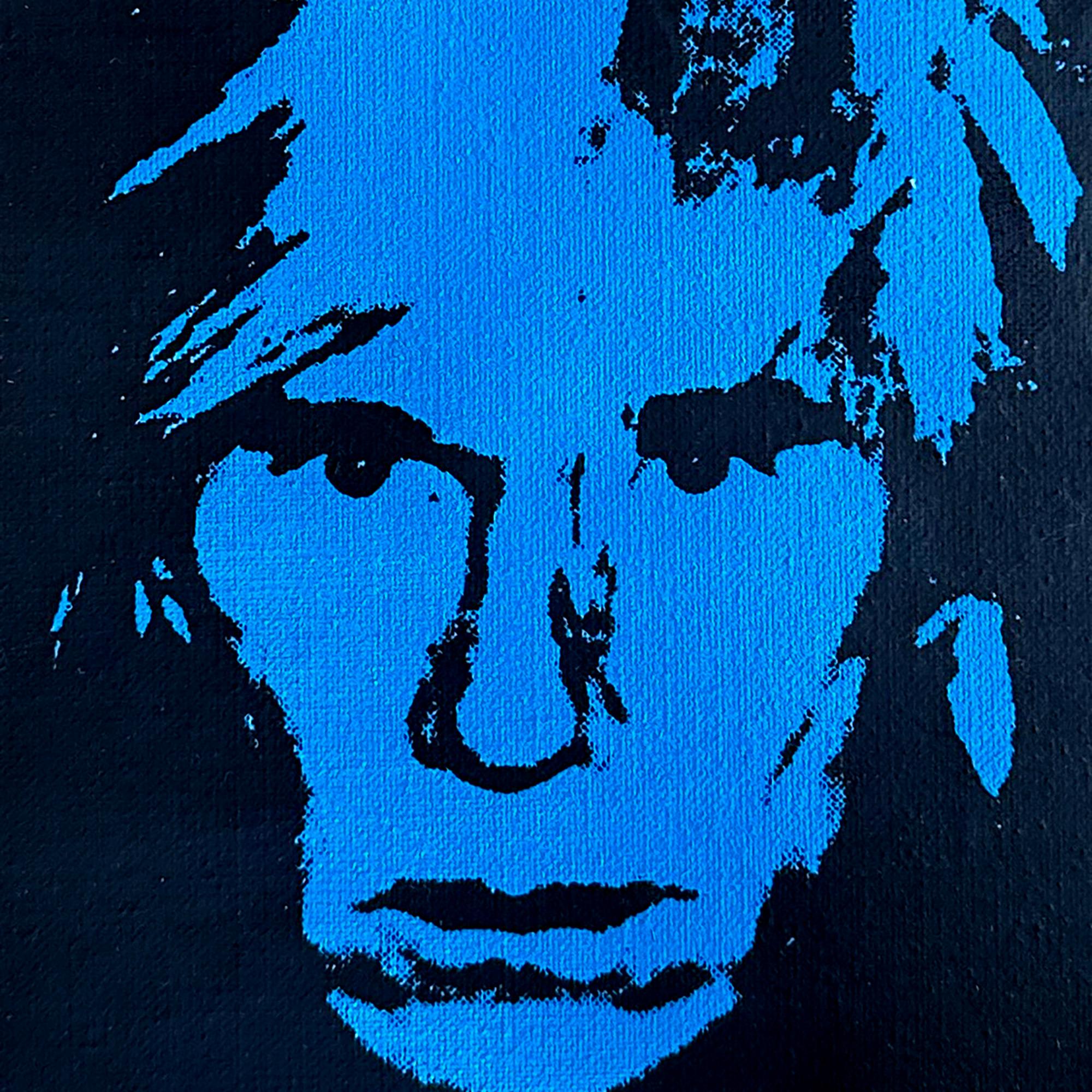 Negado Andy Warhol Peluca de miedo Pintura autorretrato azul de Charles Lutz en venta 2
