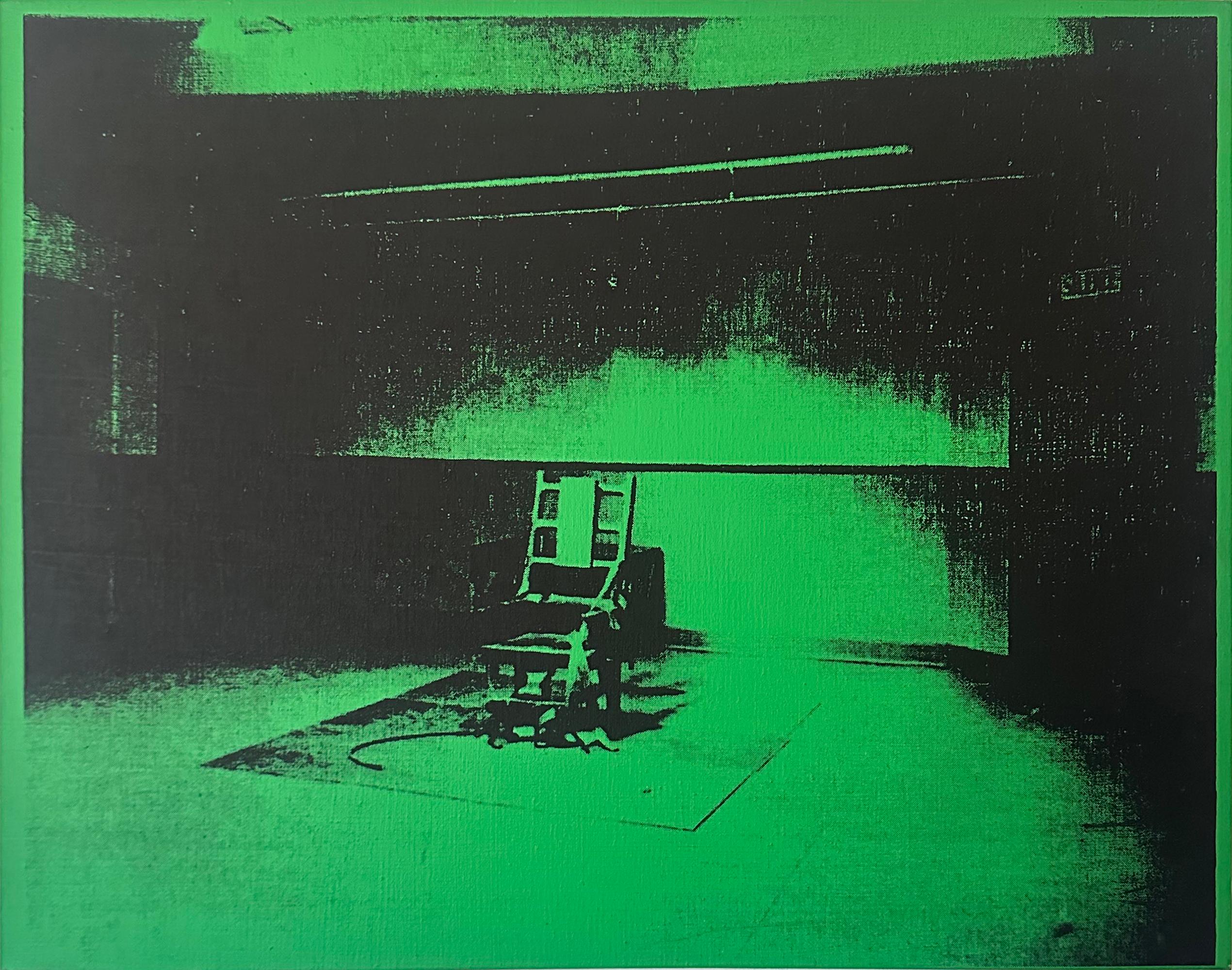 Denied Warhol Green Electric Chair Painting by Charles Lutz
Silkscreen and acrylic on linen with the Denied stamp of the Andy Warhol Art Authentication Board.
22 x 28" inches
2008

Lutz
s 2007 

Warhol Denied

 series gained international attention